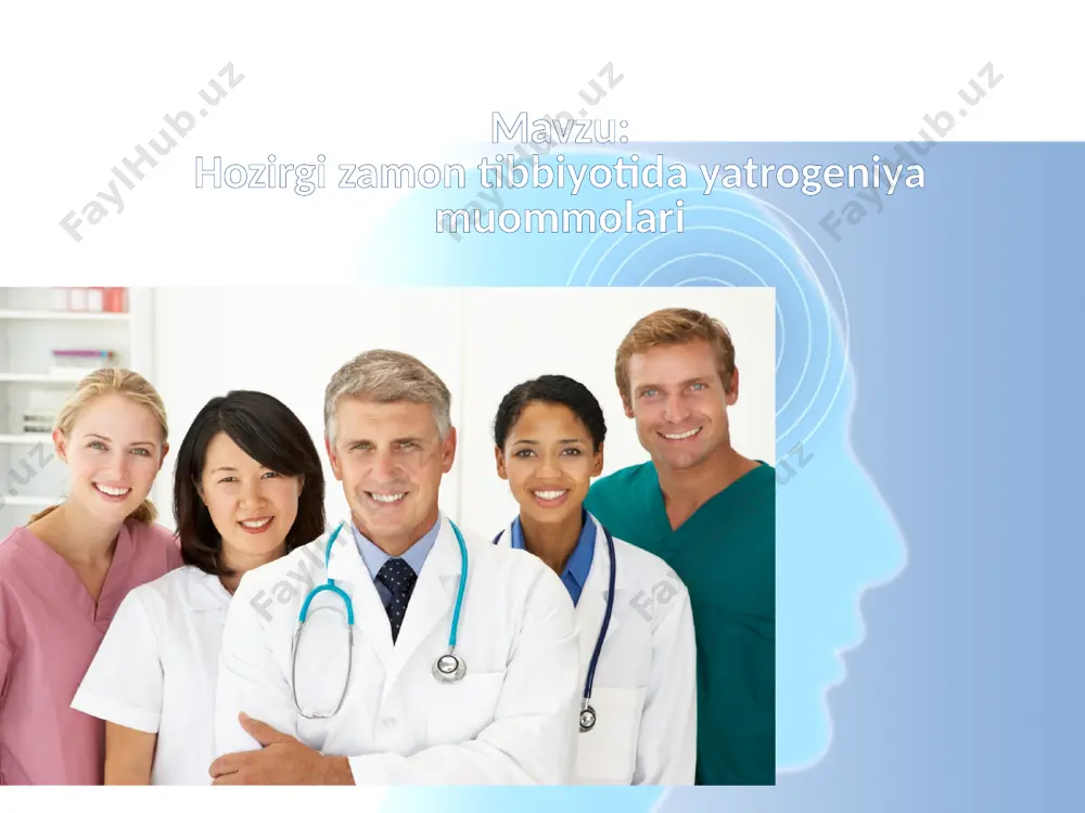 geniya infeksion yatrogeniya aralash yatrogeniya psixogen yatrogeniya nevroz , psixoz, nevrosteniya, isteriya, fobiya, depressiya , voxima xissi , depressiv va epoxondrik buzilishida namoyon bo’ladi dorili yatrogeniya infeksion yatrogeniya tibbiy muolajalar natijasida infeksion kasalliklarni yuqtirish travmatik yatrogeniya bemorlarga fizik va mexanik faktorlar ta’siri natijasida tibbiy jaroxat yetkazish. bu guruxga quyidagilar kiritiladi: xirurgik monipulyatsion tibbiyotda to’satdan olingan travmalar, kuyish (nur, termik, kimyoviy) va travma oqibatlari yatrogeniya ahamiyati, dolzarbligi, hozirgi zamonning “agressiv” tibbiyot bilan bog’liqligi tib amaliyotida yatrogen kasalliklarga sabab bo 'ladigan 4 asosiy omilni nazarda tutish kerak: 1. bemorning anamnezini y’ig'ish. 2. bemorning ichki holatini o'rganish. 3. laborator tahliliga baho berish. 4. tashxis va kasallik oqibatini aniqlash. o'zaro muloqot chog'ida bemorning oldin boshidan kechirgan kasalliklariga ham katta ahamiyat berish zarur, shuningdek, kasallik etiologiyasini va patogenezini o'rganishda bemorni ta'sirlab qo'yishdan ehtiyot bo'lish kerak. ayniqsa, xavfii o'sma, yurak xastaligi va uyida, yaqinlarida ruhiy kasalligi mavjud bo'lgan bemorlarga nisbatan nihoyatda ehtiyotkorlik va muloyimlik bilan muomala …