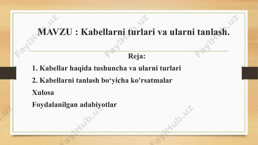 rnatilgan joyi, muhit xossalari, mexanik kuchlarga qarab kabellarning turli markalari tavsiya etiladi .yerga yotqizish va havodan oʻtkazish uchun qoʻllaniladigan kabellar tavsiya etiladigan markalari qoʻllanilish soxasi shimdirilgan qogʻoz izolyatsiya plastmassa va rezina izolyatsiya oʻrtacha korroziya aktivligiga ega boʻlgan yerda (transheyalarda): daydi toklar boʻlmaganda daydi toklar mavjudligida aashv, aashp, aapl aashp, aab2l, aap2l apvbbshv, avbbshv apashv, apashp, avashv. tunnellar, kanallar, kabel xonalariga yotqizilganda: quruq nam aag, aashv, aablg aashv, aablg, aabv avvg, avrg a vvbg, avrbg yuqori korroziya aktivlikdagi nam joy aashv, aabvg, aab2lshv avbbshv, apashv yongʻinga xavfli xonalarga yotqizilganda aag, aashv, aabvg avvg, avrg, apsvg, avvbg4 avvbbg, avbbshv kabellarning turli markalari tavsiya etiladi .yerga yotqizish va havodan oʻtkazish uchun qoʻllaniladigan kabellar tavsiya etiladigan markalari kabellarni ko‘ndalang kesim yuzasi bo‘yicha tanlash jadval kabellarning izolyatsiya turlari kabellarni tanlashda hisob-kitoblar muhim ahamiyatga ega. bu hisoblar kabelning o‘tkazuvchanligini, kuchlanish pasayishini va termik barqarorligini hisoblash uchun amalga oshiriladi. 1.yuklanish tokini aniqlashelektr yukini bilgan holda tokni hisoblash …