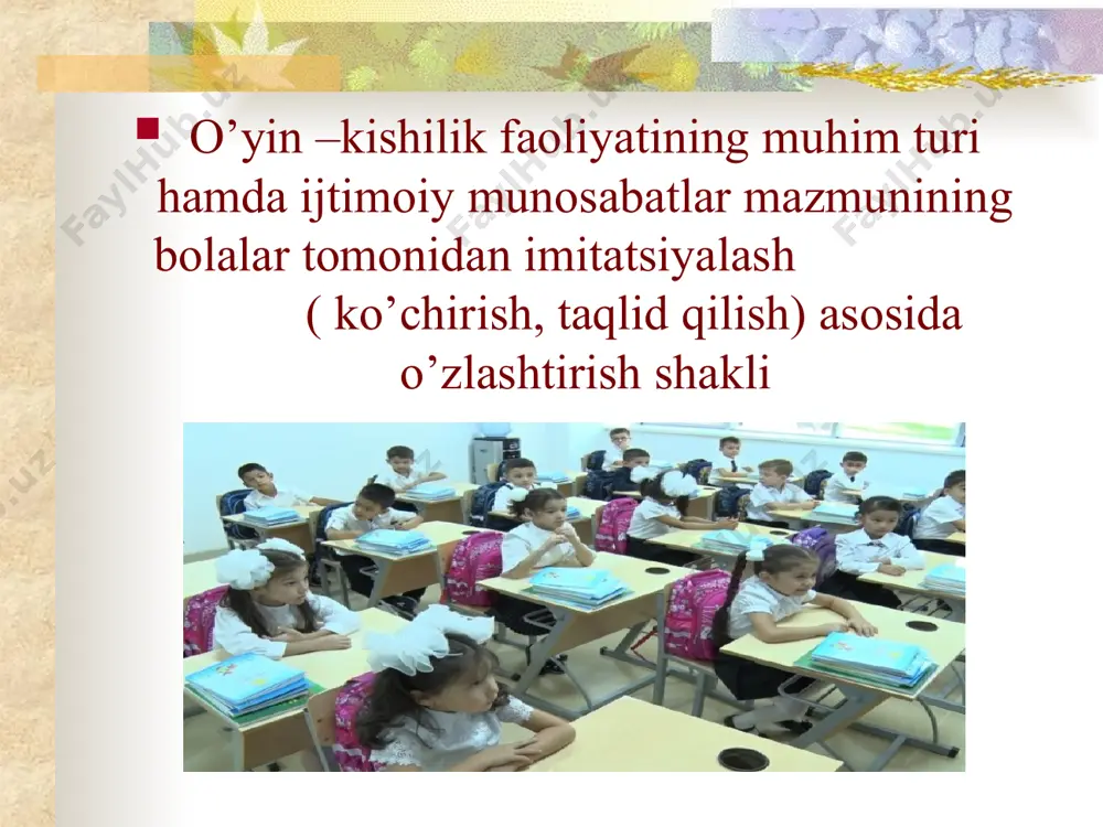 y faoliyatga tayyorlashga yo‘naltiradigan o‘yinlar. dramatik o‘yinlar (psixologik va ijtimoiy dramalar) – psixologik hamda ijtimoiy masalalarni hal qilishga yo‘naltirilgan o‘yinlar. psixologik olimlar o`yinlarni to`rt guruhga bo`ladilar: 1. funksional o`yinlar. bu o`yinlar bola organizmining har tomonlama rivojlanishida muhim rol o`ynaydi. bu kichik yoshdagi bolalar uchun harakterli bo`lib, unda bolalar nima bilandir shug`ullanadilar, turli predmetlar bilan tanishadilar. 2. qoidali o`yinlar. bu o`yinlarda bolalar tevarak-atrof va muhitdagi voqealardan habar topib, idrok etish bilan kifoyalanadi. bunda ko`rish, eshitish, his qilish kabi sezgi organlari idrok qiladi. 3. rolli o`yinlar. bu o`yinda bolalar o`zlarini ma’lum bir rolini, qandaydir kasb egasi (shifokor, o`qituvchi, quruvchi kabi) vazifasini bajarayotgandek his etadilar. har bir bola o`ziga tegishli rolni muvofaqiyatli bajarishga harakat qiladilar. 4. konstruktorli o`yinlar. bu o`yinning asosiy mazmuni qurilishi komplekslari, taxta, qum, qog`oz materiallarining parchalarini qirqish, taxlash singari mehnat ko`nikmalarini hosil qilish kabilardan iboratdir. didaktik o‘yinlarda quyidagi qoidalarga amal qilinishi kerak: 1. navbatma-navbat ta’sir etish. 2. so‘ralganda javob berish. …