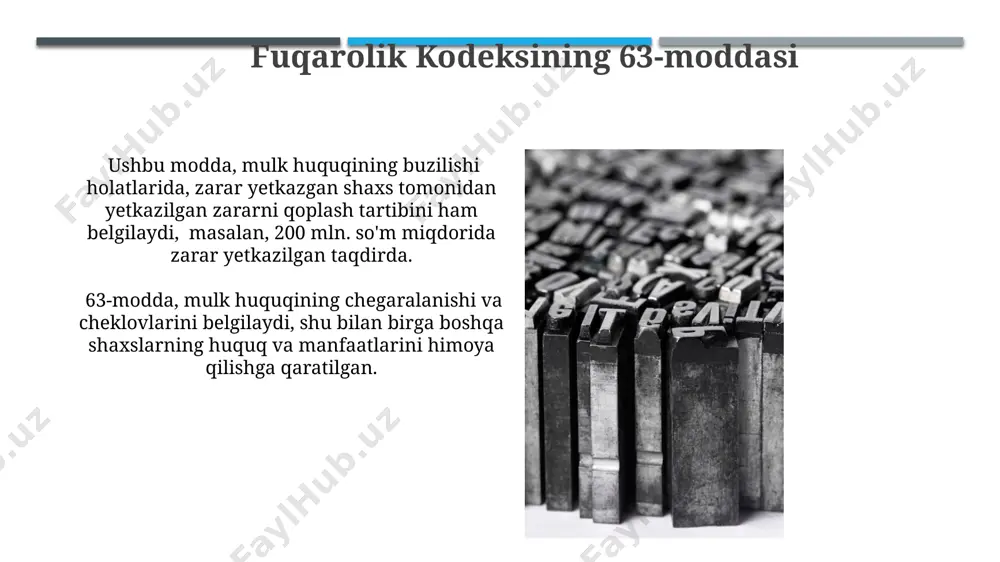 kodeksining 58-moddasi fuqarolik kodeksining 58-moddasi mulk huquqining obyektlarini, ya’ni ko'chmas mulk, ko'char mulk va intellektual mulk kabi turli toifadagi aktivlarni aniqlaydi va ularning huquqiy rejimini belgilaydi. ushbu modda, mulk huquqi ob'ektlarining ta'rifi va ularga bo'lgan huquqlarning 10 dan ortiq turini qamrab oladi, bu esa huquqiy munosabatlarni aniqlash uchun muhim ahamiyatga ega. modda 61: shartnoma qabul qilinishi 61-modda shartnoma taklifini qabul qilishning muhim shartlarini, jumladan, taklifning o'zgartirilmasligi va qabul qilish muddatlarini aniq belgilaydi. qabul qilish, taklif beruvchiga 61-moddada ko'rsatilgan tartibda yetkazilishi shart, aks holda shartnoma kuchga kirmaydi. fuqarolik kodeksining 62-moddasi fuqarolik kodeksining 62-moddasi mulk huquqining obyekti bo'lgan narsalarni, shu jumladan, ko'chmas mulkni, qimmatli qog'ozlarni va boshqa aktivlarni o'z ichiga olgan holda, batafsil tavsiflaydi. 62-modda, shuningdek, mulk huquqining yuzaga kelishi, amal qilishi va tugashi bilan bog'liq bo'lgan 15 dan ortiq muhim jihatlarni tartibga soladi. fuqarolik kodeksining 59-moddasi modda matnida ayrim turdagi mol-mulklarga nisbatan 2 yillik muddatdan chetlashtirishlar va istisnolar ko'rsatilishi mumkinligi ham …