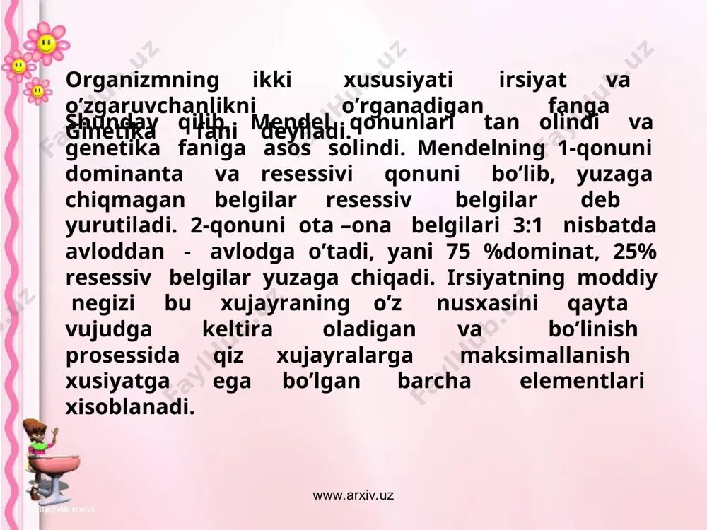 ilindi. gen bir-biriga yaqin bo’lsa, ular belgilab beradigan belgilarning naslda namoyon bo’lishi extimoli shuncha katta bo’ladi. odamning jinsiy xujayralarida xromasomalar soni 23 ta bo’lib , diploid soni 46ta, yani 22 juftli autosomani (jinsiz xromasomani) va 2ta jinsiy xromasomani o’z ichiga oladi. jinsiy xromasomalar urg’ochi xromasomalarda xx, erkaklarda xy deb belgilanadi. www.arxiv.uz www.arxiv.uz tibbiyotda 1500dan ortiq irsiy kasallik turlari mavjud. nasl kasalliklari xromosomaning onomal yig’indisi, jiddiy xujayralarning o’zgarishi yoki mutayiya ta’sirida hosil bo’ladi. aurtasoma anatomiyasiga daun kasalligi kiradi. yana shershevskiy-terner sindromi ayollarda xx o’ringa xo bo’ladi. bularda birinchi jinsiy organlar uchramaydi. modda pigmenti-bilirubin miqdori konda otib ketadi va nerv sistemasi zaxarlaydi. aqliy va jismoniy rivojlanish orqada qoladi. endoqrin sistemada garmonlar miqdorining o’zgarishi tufayli paydo bo’ladi. masalan: buyruq usti bezi kasallanganda bolalar ovqat yemay, emmaydi, to’xtovsiz qusadi, ozib ketadi.qalqonsimon bez kasalligiga gepoteriod, qandi diabed kasalligi kiradi. qon kasalligiga gemofeliya, loyqoz, nerv sistemasining kasalliklariga nerv muskul sistemasi va miya zararlanishi kasalliklari kiradi. tashqi …