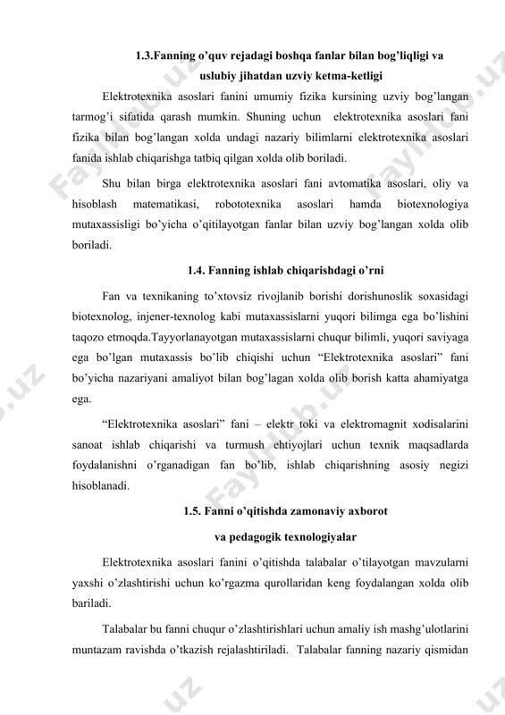 rlovchi asosiy kattaliklar magnit maydoni va uning asosiy ko’rsatgichlari (magnit induksiyasi, magnit singdiruvchanlik, magnit oqimi, magnit maydon kuchlanganligi, magnit kuchlanish, magnit yurituvchi kuchlar). to’la tok qonuni. magnitlanish egri chizig’i. magnit zanjiri va uning om qonuni. magnit zanjirini hisoblash. amper (elektromagnit kuchlar) qonuni. chap qo’l qoidasi. 3 – mavzu: bir fazali va uch fazali tok zanjirlari bir fazali sinusoidal kattaliklar. bir fazali sinusoidal kattaliklar va ularning ifodasi hamda asosiy ko’rsatkichlari (davri t, chastotasi w, fazasi ( wt*) boshlang’ich fazasi, amplituda, oniy va ta’sir etuvchi qiymatlari. sinusoidal tok zanjirlari va ularning fizik parametrlari (aktiv qarshilik, sig’im elementli zanjirdagi tok va kuchlanishlarning vektor tasvirlari). sinusoidal tok zanjirlari va ularni hisoblash. uch fazali tok zanjirlari. uch fazali generator va iste’mol-chilarning yulduz va uchburchak sxemasi bo’yicha ulanishi. 4 – mavzu: elektr o’lchashlar va elektr o’lchov asboblari elektr o’lchov asboblari. ularning asosiy elementlari. magnitoelektr sistema asboblari. elektromagnit sistema asboblari. elektrodinamik sistema asboblari. elektr o’lchashlar. elektr o’lchashlar …