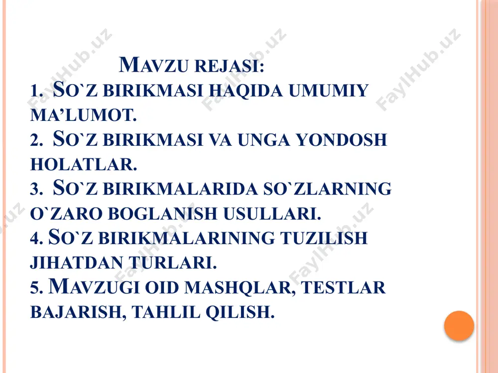 n kichik (sifat), o‘quvchilarning barchasi (olmosh), bolalarning oltitasi (son), shamolning g‘uv-g‘uvi (taqlid so‘z), maktabda o‘qish (harakat nomi). fe’lli birikmada hokim so‘z fe’lning vazifadosh shakllari (sof fe’l, ravishdosh, sifatdosh) bilan ifodalanadi): daftarga yozmoq ( sof fe’l), tez-tez yurib( ravishdosh), mehnatda sinalgan (sifatdosh). quyida berilgan birliklarni so‘z birikmalaridan farqlash lozim. 1.qo‘shma so‘zlardan: yangiyo‘l, navro‘z bayrami, amerika qo‘shma shtatlari, birlashgan arab amirligi. so‘z birikmalari va qo‘shma so‘zda qismlar shakily jihatdan o‘xshash bo‘ladi. lekin so‘z birikmasidagi qismlar ma’no mustaqilligini saqlagan bo‘ladi. qo‘shma so‘z qismlari esa ma’no mustaqilligini saqlamaydi, bitta umumiy lug‘aviy ma’no anglatadi. qiyoslang: kitobni sevmoq (so‘z birikmasi) – kitobsevar ( qo‘shma so‘z). so‘z birikmasidagi qismlar orasida grammatik aloqa sezilib turadi, qo‘shma so‘z qismlari orasida esa grammatik aloqa bo‘lmaydi, bitta urg‘u bilan aytiladi. qiyoslang: bilakning uzugi ( qaratqich+qaralmish) – bilaguzuk (bitta bo‘lak). so‘z tarkibidagi har bir so‘z alohida-alohida so‘roqqa javob bo‘ladi, qo‘shma so‘z bir so‘roqqa javob bo‘ladi. qiyoslang: jo‘shib kuylamoq (qanday kuylamoq? jo‘shib nima …