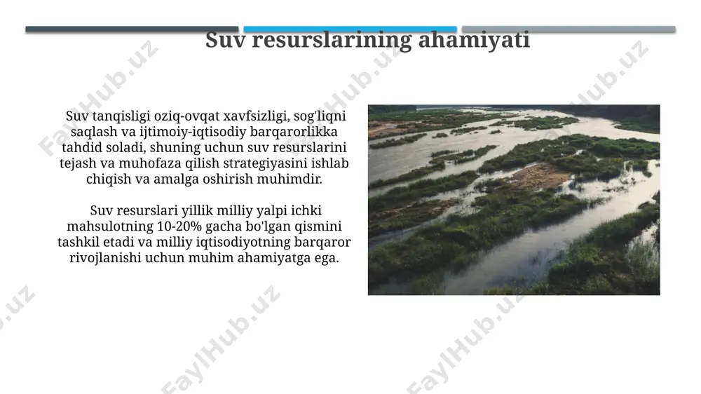 i, shuningdek, sug'orish uchun tomchilatib sug'orish tizimlaridan foydalanish samaralidir. suv havzalarini muhofaza qilish suv havzalariga chiqindi suvlarning tushishini kamaytirish uchun 10 ta tozalash inshootlarini modernizatsiya qilish suvning ifloslanish darajasini 25% ga pasaytirishi mumkin. suv havzalari bioxilosligi uchun kamida 20% suv havzasi maydonini o'simliklar bilan qoplash muhim ahamiyatga ega bo'lib, bu biologik xilma-xillikni 15% ga oshirishi mumkin. yer usti suvlarining ta'rifi yer usti suvlarining sifati antropogen omillar, ya'ni 20 dan ortiq turdagi ifloslantiruvchi moddalar ta'siri ostida sezilarli darajada pasayishi mumkin. yer usti suvlarining o'rtacha chuqurligi 10-15 metrni tashkil etadi, ammo bu ko'rsatkich geografik joylashuv va suv havzasining xususiyatlariga qarab sezilarli darajada o'zgaradi. e'tiboringiz uchun rahmat @taqdimot_robot image1.jpg image2.jpg image3.jpg image4.jpg image5.jpg image6.jpg image7.jpg image8.jpg image9.jpg image10.jpg image11.jpg image12.jpg