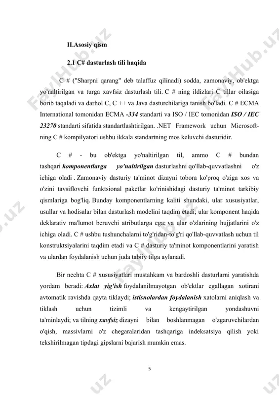 joy data, va bir quruvchi. misolning manba kodi faylda saqlangan deb faraz qilsak, acme.csbuyruq satri konsolnusxalash csc /t:library acme.cs misolni kutubxona sifatida to'playdi ( mainkirish nuqtasi bo'lmagan kod ) va nomlangan assambleyani ishlab chiqaradi acme.dll. assambleyalar oraliq til (il) ko'rsatmalar shaklida bajariladigan kodni va metama'lumotlar shaklida ramziy ma'lumotlarni o'z ichiga oladi . amalga oshirilishidan oldin assambleyadagi il kod avtomatik ravishda .net common language runtime dasturining just-in-time (jit) kompilyatori tomonidan protsessorga xos kodga aylantiriladi. c # dasturning dastlabki matnini bir nechta manba fayllarida saqlashga ruxsat beradi. ko'p faylli c # dasturi kompilyatsiya qilinganida, barcha manba fayllari birgalikda qayta ishlanadi va manba fayllari bir-biriga erkin murojaat qilishlari mumkin - kontseptual ravishda, barcha manba fayllari ishlov berishdan oldin bitta katta faylga birlashtirilganga o'xshaydi. oldindan deklaratsiyalar hech qachon c # -ga kerak emas, chunki juda kam istisnolardan tashqari, deklaratsiya buyurtmasi ahamiyatsiz. c # manba faylini faqat bitta umumiy turni e'lon qilish bilan cheklamaydi va …