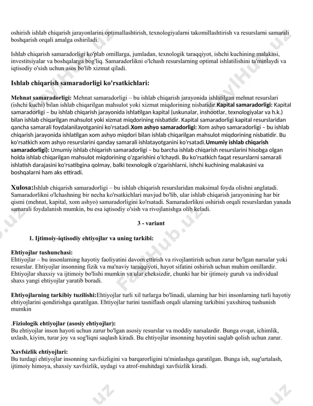 anish iqtisodiyotning rivojlanishini ta'minlaydi. iqtisodiy resurslarning to'g'ri boshqarilishi va optimallashtirilishi iqtisodiy o'sish va ijtimoiy farovonlikka olib keladi.mazmuni: 2.bozor iqtisodiyoti tizimining bozor iqtisodiyoti – bu iqtisodiy tizim bo'lib, unda tovarlar va xizmatlarning ishlab chiqarilishi, taqsimlanishi va almashinishi bozor mexanizmi orqali amalga oshiriladi. bozor iqtisodiyoti davlatning iqtisodiy faoliyatga minimal aralashuvi bilan ajralib turadi, ya'ni bozorning talab va taklif asosida resurslar taqsimlanadi. bu tizimda shaxsiy mulk va erkin raqobatning o'rni katta. bozor iqtisodiyotining asosiy xususiyatlari: talab: talab – bu iste'molchilar tomonidan tovarlar yoki xizmatlarga bo'lgan ehtiyojni va ularni sotib olishga tayyor bo'lishni anglatadi. talab miqdori narxga bog'liq bo'lib, narx oshgan sari talab kamayadi va aksincha, narx pasaygan sari talab oshadi. taklif: taklif – bu ishlab chiqaruvchilarning bozorga chiqaradigan tovarlar yoki xizmatlar miqdorini anglatadi. taklif miqdori narxning oshishi bilan ko'payadi, chunki yuqori narx ishlab chiqaruvchilarni ko'proq mahsulot ishlab chiqarishga rag'batlantiradi. raqobat: raqobat – bozor iqtisodiyotining eng muhim xususiyatlaridan biri bo'lib, u ishlab chiqaruvchilarni o'z …
