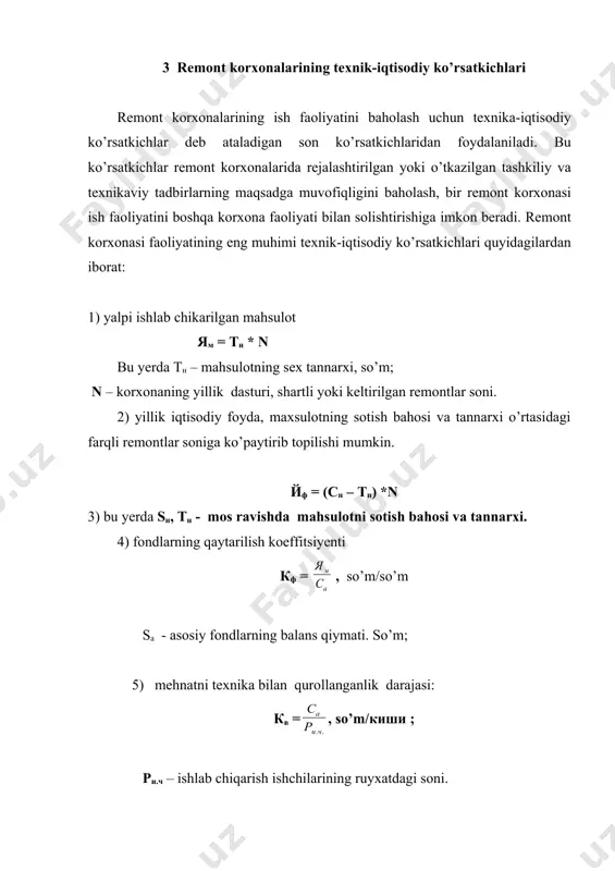 remont korxonalarida mahsulot tannarxini va texnik-iqtisodiy ko’rsatkichlarini aniqlash - Page 4