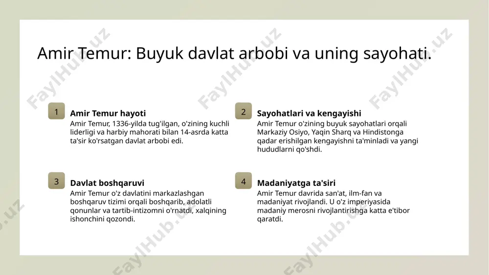 yaqin maslahatchilaridan iborat vazirlar kengashini tuzgan. ushbu kengash barcha muhim siyosiy va iqtisodiy qarorlarni qabul qilishda yordam bergan. 3 harbiy tizim markazlashgan boshqaruv harbiy tizimni kuchaytirishga yordam berdi. amir temur harbiy strategiyalarini muvaffaqiyatli amalga oshirib, davlat xavfsizligini ta'minladi. 4 ijtimoiy nazorat amir temur davlatni boshqarishda ijtimoiy nazoratni muhim deb bilardi. u aholi o'rtasida tartibni saqlash uchun qattiq qonunlar o'rnatdi. 14-asrda davlat boshqaruvidagi ijtimoiy va iqtisodiy o'zgarishlar. 01 ijtimoiy tuzilma 14-asrda amir temur davrida ijtimoiy tuzilma qatlamlarga bo'lingan edi. har bir qatlamning o'z vazifalari va rolini bajarish uchun aniq majburiyatlari bor edi. 02 iqtisodiy o'zgarishlar amir temur tomonidan iqtisodiy siyosatning mustahkamlanishi, savdo yo'llarining rivoji va qishloq xo'jaligida innovatsiyalar iqtisodiy o'zgarishlarga olib keldi. 03 markazlashgan boshqaruv 14-asrda markazlashgan boshqaruv tizimi amir temur tomonidan joriy etildi. bu tizim orqali davlat resurslari va hokimiyat bir joyga to'plandi. 04 madaniy rivojlanish amir temur davrida madaniyat va ilm-fan rivojlanishi ijtimoiy hayotga ta'sir ko'rsatdi. bu, o'z navbatida, …