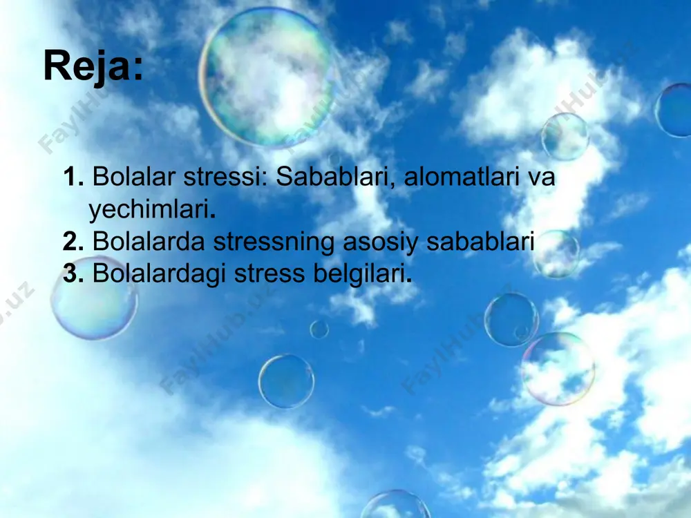 yquga yotish va ovqatlanish bola uchun muhimdir. haddan tashqari bandlik (ko‘p to‘garaklar, qo‘shimcha darslar) bolaning charchashiga olib kelishi mumkin 3. dam olish va o‘yin uchun vaqt ajrating o‘yinlar bolalar uchun tabiiy stressdan xalos bo‘lish usulidir. sport, rasm chizish, qo‘l mehnati, sayr qilish – bular stressni kamaytiradi. 💡 4. sog‘lom turmush tarziga rioya qiling yetarli uyqu (kichik yoshdagi bolalar uchun 10-12 soat, katta yoshdagilar uchun 8-10 soat). sog‘lom ovqatlanish: vitaminlarga boy mahsulotlar stressni kamaytirishga yordam beradi. jismoniy faollik: yugurish, suzish, yoga yoki raqs bola kayfiyatini yaxshilaydi. 💡 5. bosim va haddan tashqari talablarni kamaytiring boladan juda ko‘p narsa kutish uni ruhiy bosim ostida qoldirishi mumkin. muvaffaqiyatsizliklardan qo‘rqmaslikni o‘rgating. kichik maktab yoshi psixologik hususiyatlari 6. nafas olish mashqlari va meditatsiya bolalar uchun oddiy nafas olish texnikalarini o‘rgatish (chuqur nafas olib, asta chiqarish) ularga xotirjam bo‘lishga yordam beradi. 💡 7. stress sababini aniqlash va hal qilishga harakat qiling agar maktab yoki oilaviy muammolar …