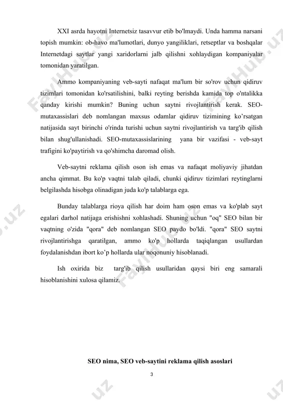 kelib chiqadi va buni statistika tasdiqlaydi: 100 ta yangi tashrif buyuruvchilarning 80tasi saytga qidiruv tizimlari va kataloglardan keladi. internetda yangi veb-sayt yaratishda birdaniga bir nechta narsalar haqida o'ylashingiz kerak. saytni qaysi auditoriya uchun mo'ljallanganligi va foydalanuvchilar qaerdan kelishi haqida oldindan o'ylab ko'rish kerak. siz faqatgina potentsial auditoriyangizga asoslanib sayt yaratolmaysiz. bu juda uzoq vaqt rivojlanishiga hissa qo'shadi, lekin sayt o'z maqsadiga erishmasligi mumkin (foyda olish yoki mijozlarni jalb qilmaslik). shuning uchun saytni nafaqat foydalanuvchilar, balki qidiruv robotlari uchun qiziqarli qilish juda muhimdir. bu seoga kerak bo'lgan narsa, chunki qidiruv tizimini optimallashtirmasdan onlayn ravishda mijozlarni jalb qilish qiyin. faqatgina sayt egasiga qaratilgan yoki cheklangan foydalanuvchilar uchun mo'ljallangan shaxsiy sahifalarni yaratishda search engine optimization-dan foydalanish shart emas. seo keng foydalanuvchilar uchun mo'ljallangan xizmatlar uchun zarurdir. ko'pincha bunday manbalar turli xil tovarlar va xizmatlarni taqdim etadi, masalan, onlayn-do'konlar. bunday saytlar uchun foydalanuvchi internetda o'zi taklif qilgan mahsulotni va shuning uchun kompaniyani mustaqil ravishda …