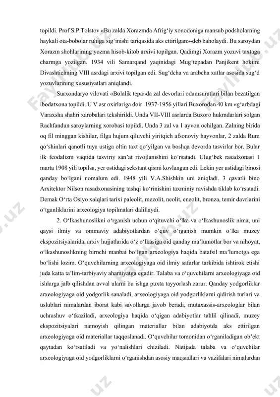 . ii. miloddan avval i minginchi yillarda temirni olovda eritish yoʻlini topib, ishlata boshlagan. arxeologlarning aniqlashicha qoraqum ichlarida 2500-2600 yillar ilgari kata qalalar bino qilingan. 2100 yil burun kelib ketgan xitoy sayyoxi chjan syanning maʼlumotlariga koʻra «dovon» deb yuritilgan fargʻonada 70 ga yaqin katta va kichik qalʼalar. 300-000 ga yaqin aholi boʻlib, beda uzum etishtirib yilqichilik yaxshi rivojlangan. oʻrta osiyoda quldorlik davrlarning yuqori tarqqiyoti parfiya, gretsiya, baqtiya hamda kushon kabi mahalliy imperiyalar zamoniga toʻgʻri keladi. zaroastrizm dini eronda emas oʻrta osiyoda boʻlganini arxeologlar isbotladi. ya.g.gulomov 1936 vili xorazmda mangʻit tumanidagi qubbotogʻ ustida zardushtiylar qabrini qazigan. 60 metrlik tor bino xarobasida odam suyaklari chiqdi. bino-naus deb ataladi. suyaklar ossuriylarda saqlangan. qoraqalpogʻistondagi yonboshqalʼadan olovga topinadigan ibodotxona topildi. /otashkada/ zardusht dini vatani va «avesto» kitobi maydonga kelgan joy oʻrta osiyo ekanligi isbotlandi. 1933 yil termiz tumanida ayritom degan jovda budda dini ibodatxonasining xarobasi topildi. budda haykalining topilishi kushonlar davrida hindiston bilan oʻzaro munosabatlar …