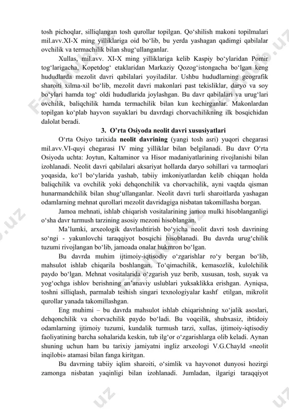 od, zambar, toypoqko‘l kabi 80ga yaqin mezolit davri yodgorliklari aniqlandi. ularning ko‘pchiligi ko‘l yoqalaridan topilgan bo‘lib aftidan bu joylar mezolit davri kishilarining yashashlari uchun ko‘pgina qulayliklarga ega bo‘lgan. bu yerlardan topilgan ko‘pgina qurol va tosh buyumlar o‘zining nisbatan nozikligi, ixchamligi bilan paleolit davri qurollaridan ajralib turadi. markaziy farg‘ona tog‘lari orasida yashagan mezolit davri qabilalarining turmush tarzi yovvoyi hayvonlarni ovlash va termachilik bilan bog‘liq bo‘lib, markaziy farg‘onadagi mezolit davri qabilalari xo‘jalik hayotida ovchilik, termachilik hamda baliqchilik ustunlik qilib, qulay tabiiy-geografik sharoit mazkur hududlarda qadimgi odamlarning keng tarqalib yashashlari uchun imkoniyat yaratgan. markaziy farg‘ona mezolit yodgorliklari ochiq makonlar bo‘lib, ularda madaniy qatlamlar saqlangan. ushbu makonlarda yashagan mezolit davri qabilalari ovchilik, baliqchilik va termachilik mashg‘ulotlari va turmush tarzi bilan kun kechirganlar. o‘rta osiyoning markaziy farg‘ona mezolit davri quyidagi ikki bosqichga bo‘lib o‘rganiladi: 1. ilk mezolit – ittak qal’a, achchiq ko‘l, yangiqadam, toypoqko‘l kabilar bo‘lib, ular mil.avv.ix-viii ming yilliklar bilan sanaladi. 2. so‘nggi mezolit …