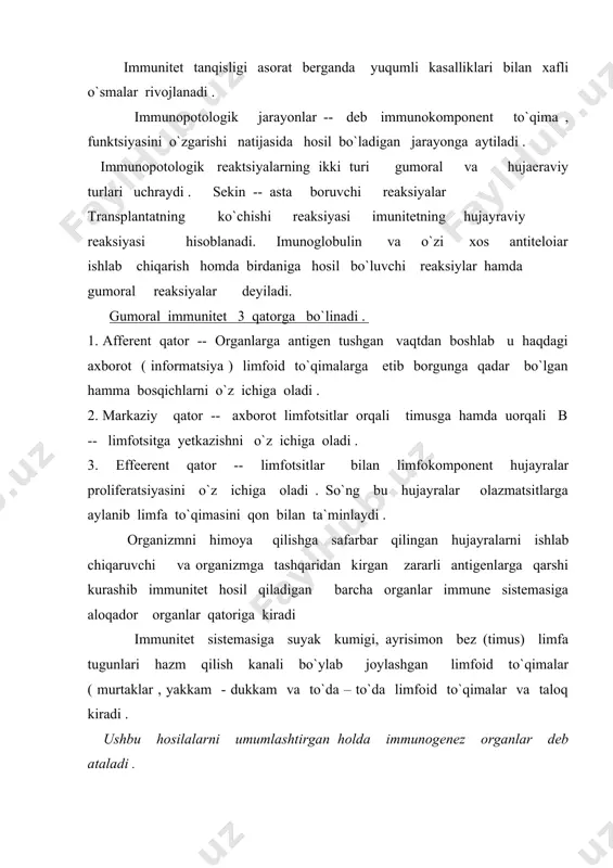 t ( xujayin ) egasi bilan transplantano`rtasida immunologik kurash natijasida yuz beradi . dastlabki ikki kecha kunduzda gomotransplantatlarni organism yot sifatida sezmaydi . keyinchalik esa transplantatda makrofag paydo bo`ladi . transplantatdan “ xujayinga “ qarshi reaktsiyasi transplantatsion immunitetga bog`liq . uni qabul qilgan odamning immunologik reaktsiyasi kuchsiz bo`lsa ko`chirilib o`tgan to`qimalar yashab ketishi , va retsipent to`qimalarga qarshi immunologik hujumga o`tishi mumkin. bundau kasallik ( transplatatsion ) turlicha o`tishi mumkin . ba`zida retsipientni halok qilishi mumkin . oits - orttirilgan immunitet tanqisligi sindromi. hozirgi vaqtda jahon jamoatchiligini tashvishga solayotgan eng xafli xastalikdir. oits biriinchi marta 1981 yilda aqsh da ruyxatga olingan 1983 yil frantsiyalik olim l mantone aniqlagan. virus sog` odamga yuqqanidan to kasallik belgilari paydo bo`lgungacha davr infektsiyasining yashirin ( inkubatsion ) davr deyiladi. bu davrda viruslar odam tanasidagi limfa tugunlariga joylashadi. so`ngra oq qon tanachalari ya`ni, limfotsitlar ichiga kirib qon orqali tana bo`ylab tarqaladi. ma`lumki, limfotsitlar odam organizmining …
