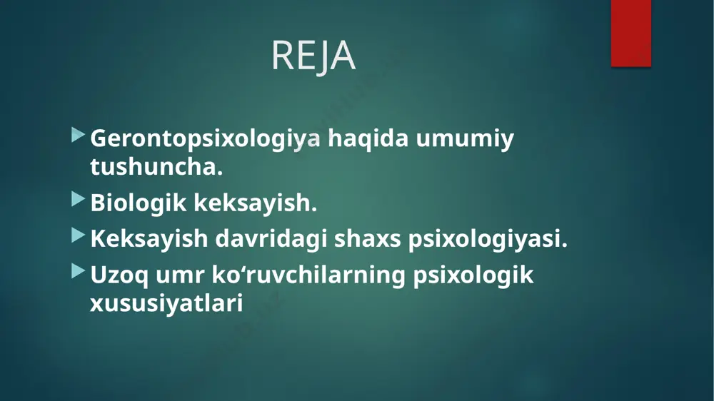 yoki keksayish haqida" asarida), i.i.mechnikov ("optimizm etyudlari" kitobida), o‘rta osiyo allomalari donolik, donishmandlik haqidagi durdonalarida falsafiy fikr va muyaohazalarni bildirganlar. amerikalik psixolog s.xoll (1846— 1924) "keksayish" monografiyasida amaliy va metodologak ahamiyatga molik qator g‘oyalarni ilgari surgan. psixogerontologiya fanida gerontologiya, involyusiya, geriatriya, gerogigiena, geteroxronlik kabi ilmiy tushunchalar mavjud. gerontologiya — grekcha so‘z bo‘lib, keksayishning, keksalikning kelib chiqishi demakdir. geriatriya so‘zi keksaygan inson shaxsini davolashni bildiradi. involyusiya tushunchasi evolyusiyaning teskarisi bo‘lib, o‘sishdan orqaga qaytishni ifodalaydi. gerogigiena — keksaygan odamning salomatligini saqlash va mustahkamlash sohasidir. gerogigiena keksa odamlarda asab, ruhiy kasalliklarning oldini olish uchun xizmat qiladi. geteroxronlik bir xil yoshdagi odamlarda ruhiy jarayonlarning turlicha (har xil vaqg va muddatda) namoyon bo‘lishidir. d.bromley insonning qarish sikli uchta bosqichdan iborat bo‘lishini ta’kidlaydi: 1) "ishdan, xizmatdan uzoqlashish" (iste’fo) — 66-70 yoshi 2) keksalik (70 va undan katta yosh), sh), 3) munkillagan keksalik (hasta keksalik va o‘lim) — maksimum 110 yosh. olimlarning fikricha tadqiqotchi p.p.lazerev 1928 yilda …