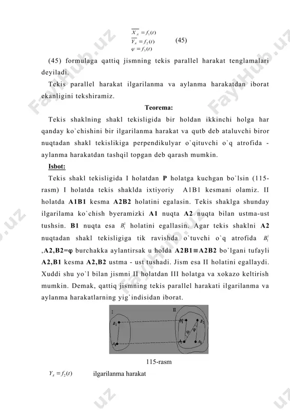 ( ab (50) bunda -burchak tezlik. tezlik vektori aylanish radiusi av ga perpendikulyar ravishda tekis shaklning aylanish yo`nalish bo`yicha yo`naladi ya’ni (abga v nuqtaning tezligi va vektorlardan tuzilgan paralellogramning dioganali bo`ylab yo`nalgan bo`ladi (117-rasm.) 117-rasm tekis shakl biror nuqtasining tezligi va aylanma harakatining burchak tezligi berilganda tekis shaklning boshqa nuqtasining tezligini (16,4) formuladan aniqlash qutb usulida deyiladi. tekis shakl ikki nuqtasi tezliklarning proyeksiyasi haqidagi teorema. teorema. tekis shakl ikki nuqtasi tezliklarning shu nuqtalardan o`tgan to`g`ri chiziqdagi proyeksiyasi o`zaro teng. isbot. tekis shaklda a va b nuqtalarni olamiz. a nuqtani qutb deb qabul qilamiz. ma’lumki, b nuqtaning tezligini (50) shaklda yozish mumkin. a va b nuqtalar orqali x o`qini o`tkazamiz (118 rasm) (50) ni o`qqa proyeksiyalaymiz. (x bo`lganligi uchun bo`ladi. shunday qilib (51) ya’ni 25- rasmga asosan (52) bu teorema yordamida a nuqta tezligining miqdor va yo`nalishi b nuqta tezligining yo`nalishi berilganda b nuqta tezligining mo​dulini topish mumkin. adabiyotlar: 1. p. …