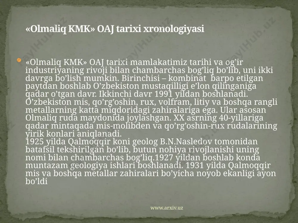 sh rentabilligi xususiy kapital rentabilligi aktivlar rentabilligi asosiy vositalar rentabilligi 0 0 0 0 2012 sotish rentabilligi xususiy kapital rentabilligi aktivlar rentabilligi asosiy vositalar rentabilligi 0 0 23012 0 2013 sotish rentabilligi xususiy kapital rentabilligi aktivlar rentabilligi asosiy vositalar rentabilligi 0 0 327625 0 2014 sotish rentabilligi xususiy kapital rentabilligi aktivlar rentabilligi asosiy vositalar rentabilligi 0 0 491254 0 bizning kombinat – o’z faoliyatini mis-molibden, qo’rg’oshin - rux va oltin qazibolish kabi uch yo’nalish bo’yicha olib boruvchi zamonaviy korxona hisoblanadi. www.arxiv.uz image3.gif image4.jpeg image5.jpeg image6.jpeg image7.jpeg image8.jpeg image9.jpeg image10.jpeg image11.jpeg