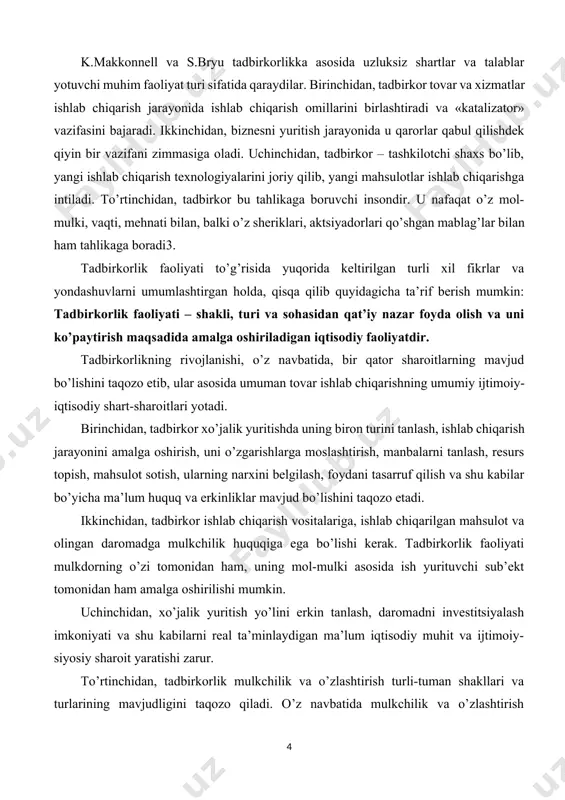 ydani tasarruf qilish va shu kabilar bo’yicha ma’lum huquq va erkinliklar mavjud bo’lishini taqozo etadi. ikkinchidan, tadbirkor ishlab chiqarish vositalariga, ishlab chiqarilgan mahsulot va olingan daromadga mulkchilik huquqiga ega bo’lishi kеrak. tadbirkorlik faoliyati mulkdorning o’zi tomonidan ham, uning mol-mulki asosida ish yurituvchi sub’еkt tomonidan ham amalga oshirilishi mumkin. uchinchidan, xo’jalik yuritish yo’lini erkin tanlash, daromadni invеstitsiyalash imkoniyati va shu kabilarni rеal ta’minlaydigan ma’lum iqtisodiy muhit va ijtimoiy-siyosiy sharoit yaratishi zarur. to’rtinchidan, tadbirkorlik mulkchilik va o’zlashtirish turli-tuman shakllari va turlarining mavjudligini taqozo qiladi. o’z navbatida mulkchilik va o’zlashtirish sohalaridagi turli-tumanlilikning o’zi ob’еktiv hodisa bo’lib, ishlab chiqaruvchi kuchlarning rivojlanishi oqibati sifatida maydonga chiqadi. tadbirkorlik faoliyatining shakllari, ularni tashkil etish va boshqarishning bozor tizimlari hozir jahonda ishlab chiqaruvchi kuchlar darajasi va o’ziga xos tomonlarining bеqiyos darajada bir-biriga qo’shilib kеtishi kuzatiladi. ishlab chiqaruvchi kuchlarning ijtimoiy, umumdavlat maqsadlarida foydalanadigan va nihoyat, jamoa, guruh, xususiy va shaxsiy maqsadlarda ishlatiladigan turlari mavjud. shunga mos ravishda tadbirkorlikning turli-tuman: …