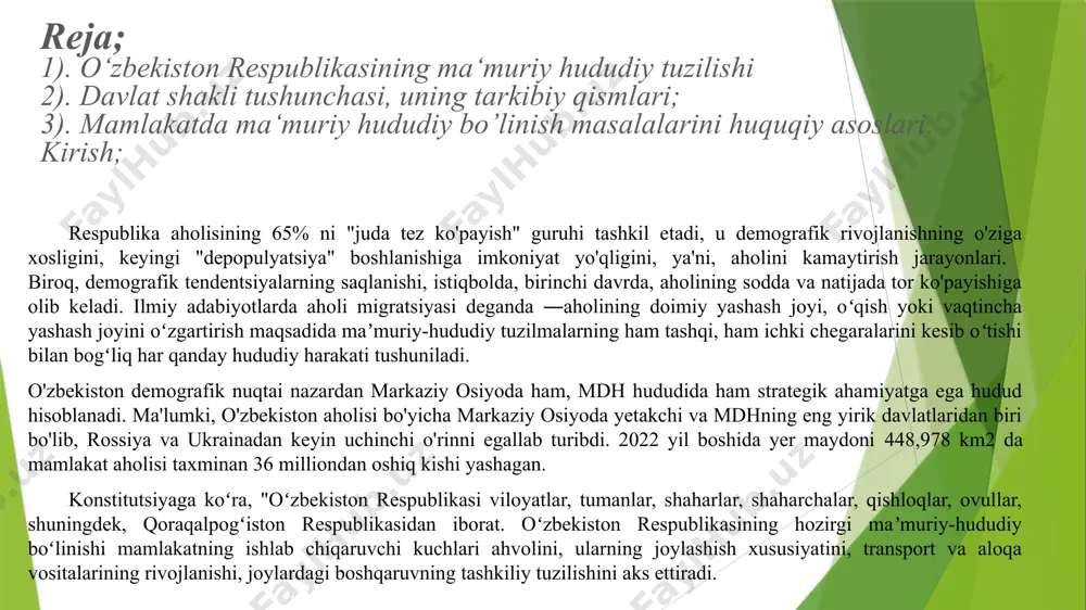 chaqiriq o‘zbekistan respublikasi oliy kengashining o‘n birinchi sessiyasida 1992 yil 8-dekabrda qabul qilingan o‘zbekiston respublikasining konstitutsiyasi «o‘zbekiston respublikasining ma‘muriy-huquqiy tizimi» deb atalgan xvi bobining 68-moddasida shunday deyilgan: «o‘zbekiston respublikasi viloyatlar, tumanlar, shaharlar, qishloqlar, ovullar, shuningdek, qorakalpokiston respublikasidan iborat». konstitutsiyaning 69-moddasida esa qorakalpog‗iston respublikasi, viloyatlar, shaharlar, tumanlar tashkil qilish va ularni tugatish o‘zbekiston respublikasi oliy majlisining roziligi bilan amalga oshirilishi ko‘rsatib utilgan viloyat oʻzbekiston respublikasi maʼmuriy hududiy tizimidagi yuqori boʻgʻindir va eng yirik boʻlinma sifatida alohida oʻrin tutadi. hududiy tizimning qolgan boʻgʻinlari — tuman, shahar, shaharcha, qishloq, ovul viloyatning tarkibiy qismlari, ichki boʻgʻinlaridir. qishloq joylaridagi iqtisodiy, xoʻjalik va ijtimoiymadaniy hayotga tumanlar orqali bevosita rahbarlik amalga oshiriladi. oʻzbekiston respublikasidagi shaharlar respublika boʻysunuvidagi, viloyat, qoraqalpogʻiston respublikasi va tuman boʻysunuvidagi shaharlarga boʻlinadi. respublika boʻysunuvidagi shaharlar toifasiga aholisi 500 ming kishidan ortiq yirik iqtisodiy, madaniy, maʼmuriy markaz boʻlgan shahar (toshkent shahri) kiradi. viloyat, qoraqalpogʻiston respublikasi boʻysunuvidagi shaharlar turkumiga, qoida tariqasida, kamida 30 ming aholisi boʻlgan, …