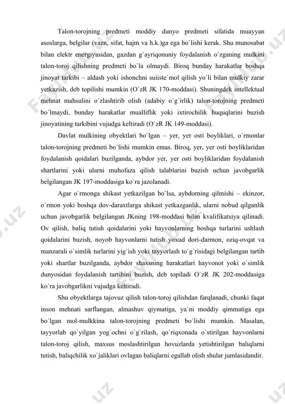 i qog`ozlargina talon-torojning predmeti bo`lishi mumkin. taqdim qiluvchiga pul berilmaydigan qimmatli qog`ozlar talon-toroj predmeti bo`la olmaydi, chunki ular aybdorga qimmatli qog`ozda mavjud bo`lgan mulkiy huquqni olish imkoniyatini bermaydi. obligatsiyalar, veksellar, cheklar, depozit va jamg`arma sertifikatlari, bankning taqdim qiluvchiga pul beriladigan jamg`arma daftarchasi, aksiyalar va qonunda qimmatli qog`ozlar, deb belgilangan kog`ozlar qimmatli qog`ozlar hisoblanadi. lotereya biletlari, pochta markalari, otkritkalar, konvertlar, yonilg`i-moylash materiallari uchun talonlar, metroda yurish jetonlari ham talon-tarojning predmeti bo`lishi mumkin. biroq poyezd, samolyot chiptalari talon-toroj qilish predmeti bo`la olmaydi. chunki ular o`zicha moddiy boylik hisoblanmaydi, qo`shimcha hujjatlar (masalan, pasport) taqdim etilgandagina moddiy boylikka aylanishi mumkin. shunga o`xshash ashyolarni egallab olish, hujjatlar, shtamplar, muhrlar, blanklarni egallash, nobud qilish, ularga shikast yetkazish yoki ularni yashirganlik jk 227-moddasi bilan kvalifikatsiya qilinadi. agar shaxs shu hujjatlardan foydalanishga qasd qilgan bo`lsa, uning qilmishi jinoyatlar jamiga ko`ra aldash yoki ishonchni suiiste`mol qilish yo`li bilan mulkiy zarar yetkazishga (o`zr jk 170-moddasi) tayyorgarlik ko`rish, deb hisoblanadi. tasodifiy …