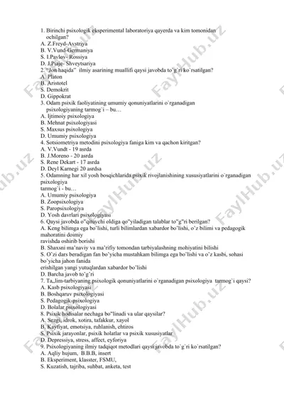 psixologiya sinovi test savollari — DOC