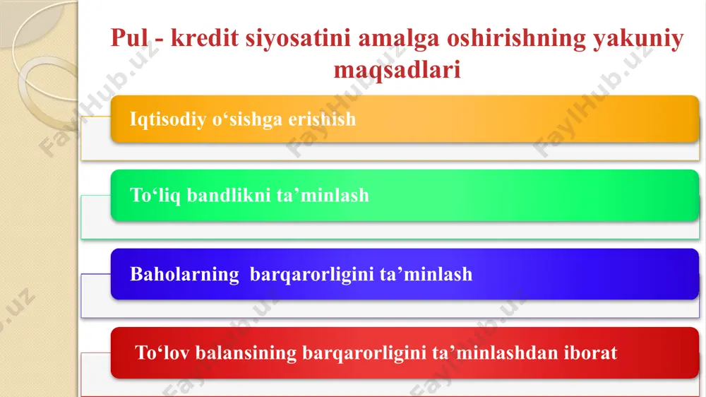 nschilar nazariyasi pulning miqdoriy nazariyasi har ikki nazariya tarafdorlari ham pul taklifining nominal yaim ga ta’sirini inkor etmaydilar, ammo bu ta’sirning ahamiyatiga turlicha baho beradilar. neokeynschilar nazariyasi foiz stavkasi darajasiga asoslanishi lozim; pulning miqdoriy nazariyasi pul taklifining darajasiga asoslanishi lozim; bozor iqtisodiyotini tartibga solishda davlat aralashuvi shart. bozor iqtisodiyotini tartibga solishda davlat aralashuvi shart emas neokeynschilar nazariyasi bo‘yicha, pul - kredit siyosatining transmission mexanizmi pul taklifining o‘zgarishi foiz stavkasining o‘zgarishiga olib keladi investitsiya-larga bo‘lgan talab o‘zgaradi yalpi talab (yalpi xarajatlar-ning) o‘zgarishiga olib keladi ishlab chiqarish hajmiga (yaimga) ta’sir etadi pulning zamonaviy nazariyasi bo‘yicha pul-kredit siyosatining transmission mexanizmi pul miqdori-ning o‘zgarishi pul aylanish tezligi-ning o‘zgarishi ishlab chiqarish hajmi ( yaim) ning o‘zgarishi pul kredit siyosatining shakllari pul-kredit ekspansiyasi yoki “arzon” pullar siyosati xisob stavkasini pasayatiradi pul-kredit restriksiyasi yoki “qimmat” pullar siyosati xisob stavkasini oshiradi majburiy zahira me’yorini oshiradi ochiq bozorda qimmatli qog‘ozlarni sotadi majburiy zahira me’yorini pasaytiradi ochiq bozorda qimmatli qog‘ozlarni …