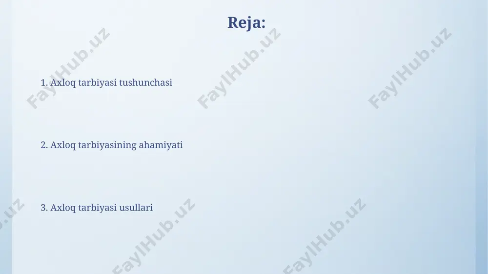 an biri – oila, 200 dan ortiq tadqiqotlar shuni ko'rsatadiki, 5 yoshgacha bo'lgan bolaning axloqiy qarashlari asosan oilaviy muhitda shakllanadi. bolalarda axloq tarbiyasini shakllantirish bolalarda axloq tarbiyasini shakllantirishda 5-7 yosh oralig‘idagi davr muhim ahamiyatga ega bo‘lib, bu yoshda bolalarda samarqanddagi kabi tarixiy joylarni ziyorat qilish orqali vatanparvarlik tuyg‘ularini rivojlantirish mumkin. o‘zbekistonning 12 ta viloyatida amalga oshirilayotgan “mehr-oqibat” dasturi doirasida axloq tarbiyasi bo‘yicha 30 dan ortiq o‘quv qo‘llanmalari ishlab chiqilgan va ular maktablarda qo‘llanilmoqda. axloq tarbiyasining ahamiyati o‘zbekistonning 12 yillik ta’lim tizimida axloq tarbiyasi fanining joriy etilishi, yoshlarning 50% dan ortig‘ida ijtimoiy moslashuvchanlik va qonunga hurmat darajasini oshirishga yordam berdi, degan tadqiqotlar mavjud. axloq tarbiyasi shaxsning 3 ta asosiy qobiliyatini – muloqot, hamkorlik va mas’uliyatni rivojlantirishga yordam beradi, bu esa 21-asrning global dunyosida muvaffaqiyatga erishish uchun juda muhimdir. zamonaviy axloq tarbiyasi muammolari zamonaviy o'zbekiston maktablarida 2023-yilda o'tkazilgan tadqiqotlar shuni ko'rsatdiki, axloqiy tarbiya sohasida 30% o'quvchilar o'zaro hurmat va hamjihatlikka e'tibor bermaydi, …