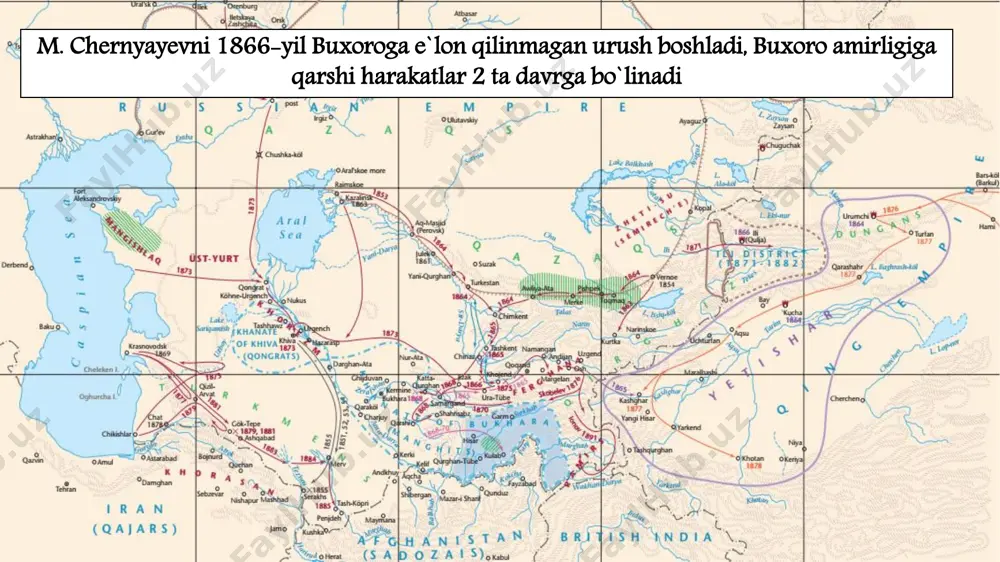 tasarrufiga o‘tgan hududlar hisobiga qisqargan edi 11.06.2023 36 aholisining soni 2 million kishi atrofida bo‘lib, asosiy mashg‘uloti hunarmandchilik, dehqonchilik va chorvachilik edi. poytaxt buxorodan tashqari chorjo‘y, kitob, shahrisabz, denov kabi shaharlar amirlikning yirik savdo va hunarmandchilik markazlari hisoblangan. 11.06.2023 37 davlat ishlarini boshqaruvchi oliy amaldor qo‘shbegi bo‘lib, u soliqlar yig‘imi nazoratini boshqarar, ma’muriy amaldorlar tarkibiga rahbarlik qilar, mahalliy beklar bilan yozishmalar olib borardi. 11.06.2023 38 qo‘shbegi harkuni shaxsan hukmdorga amirlikdagi ahvol to‘g‘risida ma’lumot berib turardi. barcha amaldorlar qo‘shbegi tomonidan, faqat oliy amaldorlargina amirning o‘zi tomonidan tayinlanar edi 11.06.2023 39 buxoro qo’shbegisi xix asr xazina va zakot yig‘imini boshqargan devonbegi lavozimi ahamiyati va mavqeyi jihatidan qo‘shbegidan keyin turgan. 11.06.2023 40 sudlov, notarial ishlari, ta’lim muassasalarini ruhoniylar boshqargan, bosh qozi esa diniy- sudlov ishlariga rahbarlik qilardi. mahalliy ma’muriyat – aminlar, oqsoqollar hamda bekliklar vakillari va ruhoniylardan iborat bo‘lib, ular amir farmonlarini so‘zsiz ijro etishlari shart bo‘lgan 11.06.2023 41 butun buxoro amirligi bekliklarga …