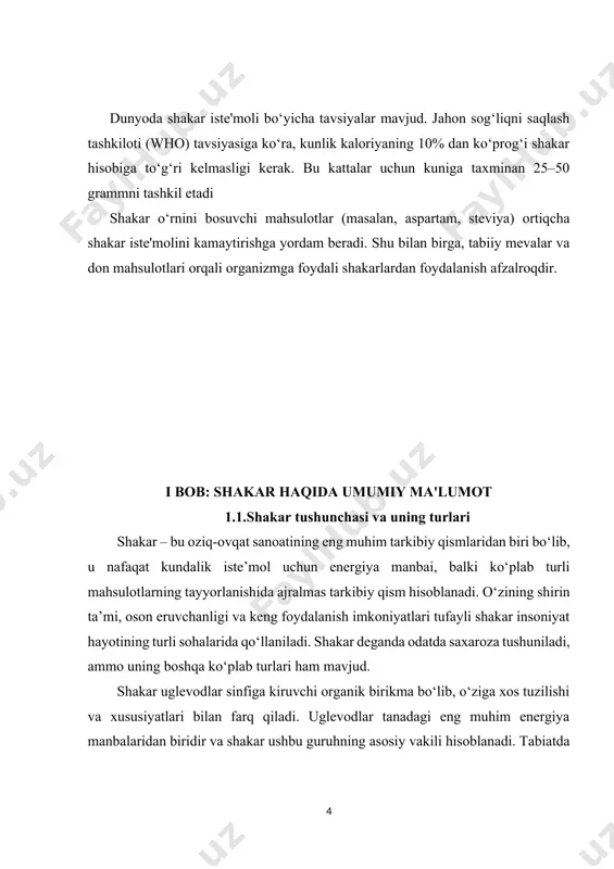 kimyoviy tarkibi bilan ajralib turadi. 1. saxaroza bu eng keng tarqalgan shakardir. saxaroza bir glyukoza va bir fruktoza molekulasidan tashkil topgan disaxarid hisoblanadi. u shirin ta’mi va oson eruvchanligi bilan oziq-ovqat mahsulotlarida keng qo‘llaniladi. saxaroza shakarqamish va shakarlavlagidan olinadi. qo‘llanilishi: · choy, qahva va boshqa ichimliklarni shirin qilish. · non, shirinlik va pishiriqlar tayyorlashda asosiy tarkibiy qism sifatida. 2. glyukoza glyukoza, shuningdek, "uzum shakar" sifatida tanilgan bo‘lib, tabiiy shakarlarning eng oddiy turlaridan biridir. uning kimyoviy formulasi c₆h₁₂o₆ bo‘lib, u bir monosaxarid hisoblanadi. glyukoza organizmda asosiy energiya manbai bo‘lib xizmat qiladi va barcha tirik hujayralar tomonidan energiya ishlab chiqarishda ishlatiladi. manbalari: · mevalar (uzum, olma, gilos va boshqalar). · asal. xususiyatlari: · tez so‘riladi va organizmni energiya bilan ta’minlaydi. · sportchilar uchun kuch tiklovchi vosita sifatida ishlatiladi. 3. fruktoza fruktoza tabiiy meva shakaridir. u glyukozaga qaraganda 1,5 barobar shirinroq bo‘lsa-da, organizm uni sekinroq so‘radi. fruktoza ko‘pincha "diet shakar" sifatida iste’mol qilinadi, …