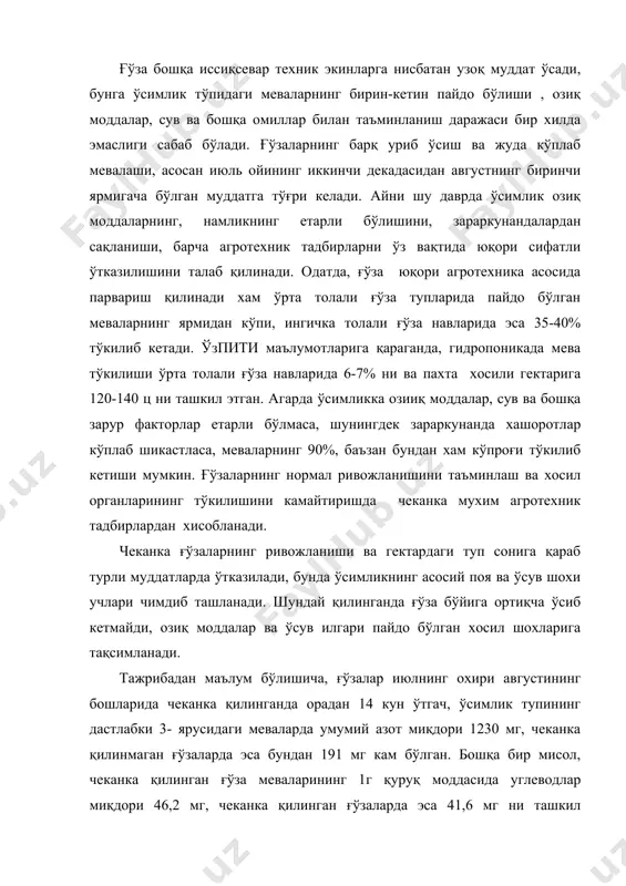 қилинган ғўзаларда эса 41,6 мг ни ташкил этган.шунинг учун хам чеканка қилинганда хосил органларининг тўкилиши камаяди,кўсакларнинг вазни ошади, хосил эрта етилади ва хосилдорлик юқори бўлади. илмий текшириш муассасаларида олиб борилган тажрибалари шундан далолат берадики, ўрта толали ғўза навларининг хар тупи чеканка қилинганда кўсаклар сони 2,9 тага ошар экан. битта кўсакдан чиқадиган чигитли пахта ва вазни ўрта толали ғўза навларида 0,2-0,4 г дан ошганлиги, кусаклар 3-8 кун ва бундан хам эртароқ етилганлиги, совуқ тушунгача териб олинган пахта хосили 10% гача ортганлиги, шу билан бирга пахта сифати анча яхшиланганлиги кўп йиллик тажрибалар натижасида аниқланган. турли тупроқ-иқлим шароитида ўтказилган тажриба маълумотларига кўра, чеканка қилинган пайкалларнинг гектаридан 32,2 центнердан ва чеканка қилинган пайкаллардан эса 37,1 центнердан хосил олинган. чеканка туфайли пахтани машиналар билан теришда (айниқса биринчи теримда) иш унуми юқори бўлмоқда, 1- сорт пахта миқдори ва пахтани машиналарда териб олиш коэффициенти ортмоқда , махсулот таннархи арзонлашмоқда ва гектаридан олинадиган соф фойда ошмоқда. фан ютуқлари …
