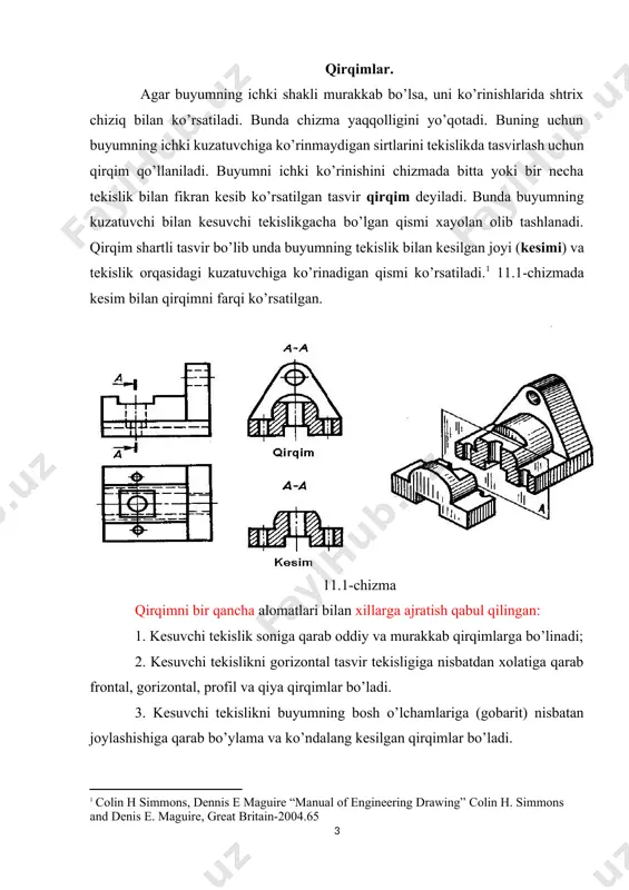 im) 11.2-chizma gorizontal qirqim. - gorizontal qirqim gorizontal kesuvchi tekislik bilan hosil qilinadi. (11.3-chizma). 11.3-chizma 11.3-chizma frontal, gorizontal, profil qirqimlar odatda ko’rinishi bilan birga joylashtiriladi: tegishlicha oldidan va orqadan, chapdan va o’ngdan, ustidan va ostidan. bunda buyumning xayolan kesish faqat berilgan qirqimga tegishlik bo’ladi va u boshqa tasvirlarga hech qanday o’zgarish kiritmaydi. 11.4-chizmada bosh ko’rinishda hamda chapdan ko’rinishda bajarilgan qirqim ustidan ko’rinishga ta’sir qilmaydi. bo’ylama qirqim. - bo’ylama qirqim hosil qilish uchun kesuvchi tekislik buyum uzunligi yoki balandligi bo’yicha yo’nalgan bo’lishi kerak. ko’ndalang qirqim. - agar kesuvchi tekislik buyumni uzunligi yoki blandligiga perpendikulyar yo’nalgan bo’lsa, bunday qirqim ko’ndalang qirqim deyiladi. qiya qirqim. - buyumning gorizontal tasvir tekisligiga nisbatan og’ma vaziyatdagi tekislik bilan kesishda hosil bo’lgan qirqim qiya qirqim deyiladi. (11.4-chizma). bu qirqimni qirqim chizig’ida ko’rsatilgan strelka yo’nalishi bo’yicha chiziladi va formatda joylashtiriladi.[footnoteref:2] (11.4-chizma). qiya qirqimni formatni istalgan joyiga joylashtirish mumkin. (11.4-chizma, a), shu bilan birga uni burish mumkin va qirqim …