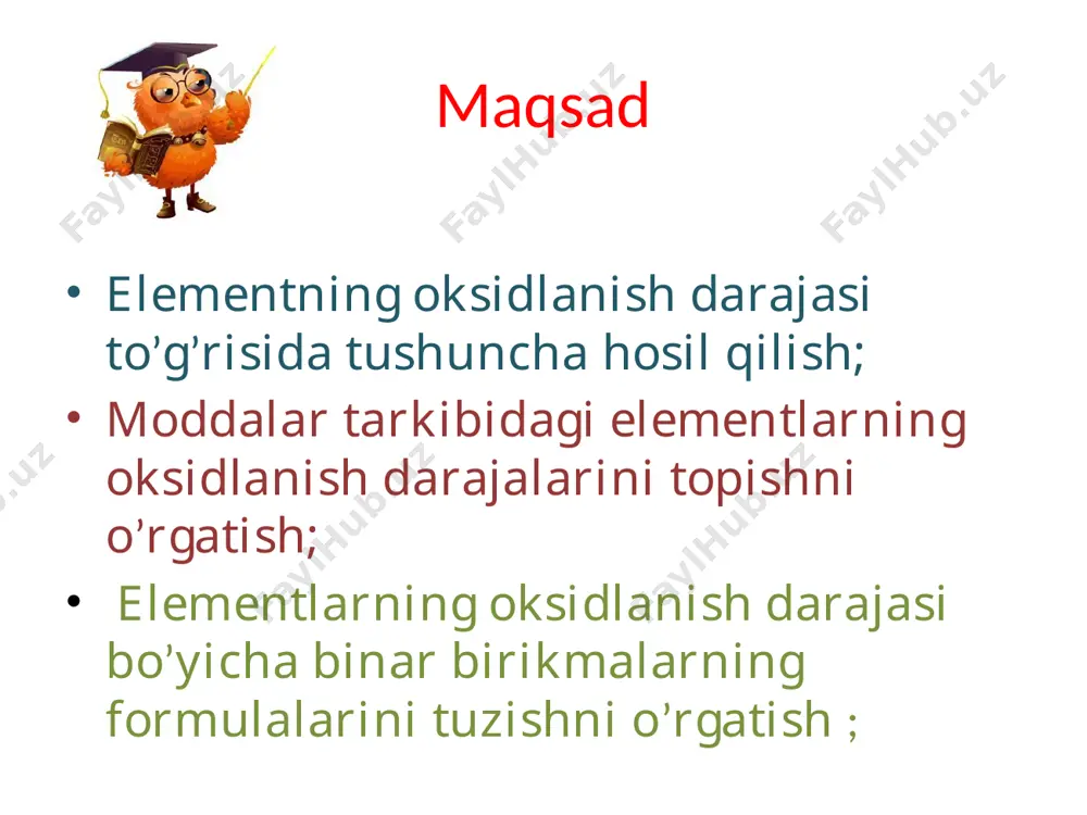 idlanish darajasi: vi – 8 = -2 metall atomlari har doim musbat oksidlanish darajasiga ega; metallmaslardan faqat ftor -1 o.d. siga ega. qolgan metallmaslar ham musbat, ham manfiy o.d. siga ega. elementlarning oksidlanish darajalari ozgarmas o. d. elementlar ozgaruvchan o. d. elementlar +1 li,na,k,rb,cs,ag +1,+2 cu, hg +2 be,mg,ca,sr,ba,zn +2,+3 co, ni +3 al +2,+3,+6 cr, mo,fe -1 f -4,+2,+4 c,s i -2 o -2,-1,+1,+4, +6 s -3,+3,+5 p, as (-1;+7) cl, i (-3;+5) n mustasno o-1 –peroksidlarda h2 +1o2-1 o+2 ,o+1 - ftor bilan birikmasida o+2f2-1 ,o2+1f2-1 h+1 - metallarbilan h+1br-1 h-1 - metallmaslar bilan ca+2 h -1 kimyoviy elementlar so’zning o’zagi -id suffiksi masalan n-3 nitrogenium nitrid ca 3n2 (kaltsiy nitrid) br-1 bromum bromid kbr (kaliy bromid) h-1 gidrogenium gidrid mgh2 (magniy gidrid) si-4 silitsium silitsid na 4si (natriy silitsid) o-2 oksigenium oksid co2 (uglerod(iv)-oksid) f-1 ftorum ftorid baf2 (bariy ftorid) cl-1 xlorum xlorid fecl3 (temir (iii)-xlorid) s-2 …