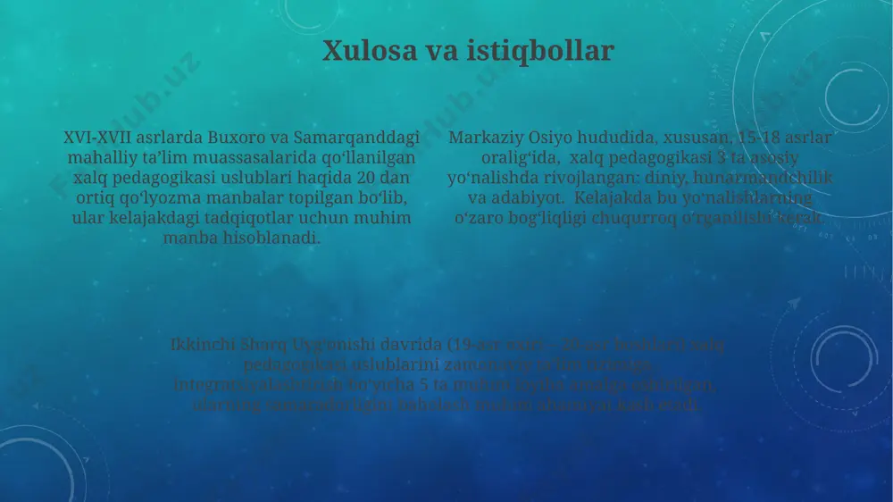 hududlarida 50 ga yaqin qo'lyozma qo'llanma, xalq pedagogikasi tamoyillariga asoslangan bolalar tarbiyasi va o'qitish usullarini aks ettiruvchi, topilgan. e'tiboringiz uchun rahmat @taqdimot_robot image3.png