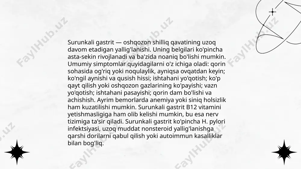 ashqlar stress darajasini kamaytirib, ovqatlanishdan keyin qulayroq his qilinishini ta’minlaydi. nafas olish mashqlari ham tensiyoni kamaytirib, oshqozon mushaklarining tinchlanishiga yordam beradi. har qanday mashg‘ulotni boshlashdan oldin shifokor bilan maslahatlashish muhimdir. e'tiborni haddan tashqari yuklamalardan saqlanishga qaratish lozim, chunki ortiqcha jismoniy faollik gastrit simptomlarini yomonlashtirishi mumkin. ... t.me/slaydai_bot mashqlar orqali oshqozon faoliyatini yaxshilash sog‘lom hayot tarzini qo‘llab-quvvatlashda muhim rol o‘ynaydi. aerobik mashqlar, masalan, yurish, yugurish yoki suzish, oshqozon-ichak peristaltikasini yaxshilab, ovqat hazminga yordam beradi. har kuni 30 daqiqa davomida mashq qilish oshqozon faoliyatini 20% yaxshilashi mumkin. yoga va nafas olish mashqlari stressni kamaytirib, oshqozon sharbatlari ishlab chiqarilishini muvozanatlashtiradi. plank, crunch kabi mashqlar qorin mushaklarini mustahkamlab, ovqat hazm qilish funksiyalarini qo'llab-quvvatlaydi. shuningdek, kundalik harakatni oshirish metabolizmni tezlashtiradi va oshqozon faoliyatini yaxshilaydi. eng muhimi, muntazam mashqlar bilan shug‘ullanish oshqozon salomatligini saqlashda samara beradi. surunkali gastrit kasalligida jismoniy mashqlar mashg'ulotini tashkil etish bektemir rahimboyev image1.png image2.png image3.png image4.png /docprops/thumbnail.jpeg