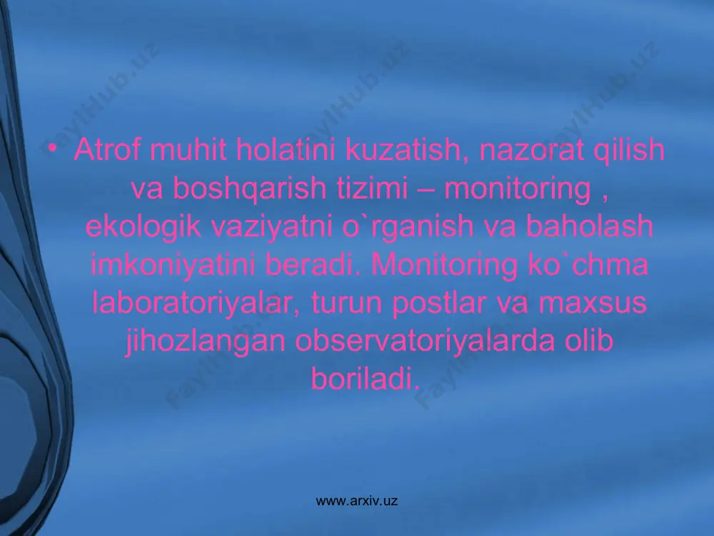 t va ekologik baholash kontinental' va global (umumplanetar darajada tashkil etish zaruratini, yana atmgmt vujudga kelishiga sabab bolgan. o'zbekiston davlat tabiatni muxofaza qilish qomitasi taxliliy nazorat davlat inspeksiyasi (anidi) respublika boyicha xavo muhitini, tuproq va ochiq suv havzalari monitoringi yagona sxemasini yaratish boyicha ish olib boradi. u ikki yo'nalishda tashkil etiladi: 1. tabiiy atrof - muhitining sifat holatini kuzatish uning sifatiga bolgan ta`sirlar natijasidagi ozgarishlarni istiqbolli kompleks baholash; 2. tabiat muhitlari bo`yicha ifloslantirish manbalarini xisobga olish; jamoatchilik ekologik baholash maqsadi ekologik axborotni axoliga etib borishini kuchaytirish, ya`ni davlat idoralari ega bo`lmagan ma`lumotlarni umumlashtirish, tahlil qilish, turli auditoriyalarga moslashtirib etkazishdan iborat. www.arxiv.uz www.arxiv.uz