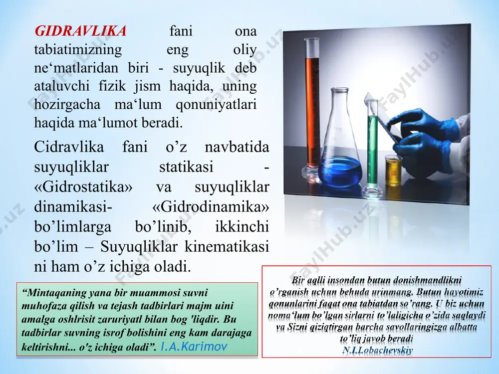 larning qovushoqligi to`g`risidagi qonunni yaratdi va harakatlanayotgan suyuqlikning ichki ishqalanish qonuni to`g`risidagi gipotezani taklif etdi. gidravlikaning mustahkam nazariy asosda fan bo`lib shakllanishi peterburg fanlar akademiyasining akademiklari, d.bernulli (1700-1782yillar), l.eyler (1707-1783 yillar) m.v.lomonosov (1711-1765 yillar) larning ilmiy ijodlari bilan bog`liq. d.bernulli 1738 yilda o`zining nomi bilan atalgan “bernulli tenglamasi”ni taklif etdi. bu teglama gidravlika nazariyasi va amaliy hisoblarining asosi bo`lib hisoblanadi. l.eyler 1755 yilda suyuqliklar muvozanati va harakatining differensial tenglamalari sistemasini keltirib chiqardi. m.v.lomonosov energiya saqlanishining umumiy qonunini yaratdi. m.v. lomonosov (1711—1765) suyuqlik va gazlar harakatining fizik masalalariga va gidravlikaning amaliy tatbiqiga katta e’tibor berib, massa va energiyaning saqlanish qonunini kashf qiladi. xviii asrning ikkinchi yarmi va xix asrning boshida sanoat va ishlab chiqarishning shiddatli rivojlanishi davrida, real suyuqlik xossalarini hisobga oluvchi muhandislik masalalari echimini topish uchun, yangicha ilmiy talablar zarur bo‘la boshladi. natijada «gidravlika» fanining amaliy fanga aylanish davri boshlanadi. texnikaviy gidrodinamikaning shakllanishida fransiyalik olimlardan a. pito (1695—1799) «pito nayi» …