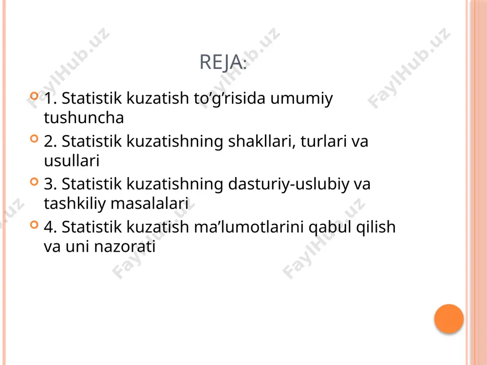 iya yetkazib beruvchi sub’ektlar kategoriyalariga qarab quyidagi shakllarga bo’linadi: ma’muriy ma’lumotlarni to’plash. ma’muriy idora-lar(soliq, bojxona, nikohdan o’tkazish va x.k.) statis-tika organlariga o’z faoliyatlari haqida ma’lumot-larni pulsiz va so’ralgan vaqtda yetkazib berishga majburdirlar. boshlang’ich statistik ma’lumotlarni to’plash. ro’yxatdan o’tgan barcha tashkilot, korxona, tadbirkorlar topshiradigan statistik hisobotlar orqali to’planadi. statistik organlar to’plagan ma’lumot. statistika organlari uy xo’jaligini o’rganish uchun maxsus tanlab kuzatishlar o’tkazishadi, aholi ro’yxati va boshqa maxsus kuzatishlar yordamida to’plangan ma’lumot. statistik kuzatish tashkil etilishiga qarab: statistik hisobot va maxsus uyushtirilgan statistik kuzatishlarga bo’linadi. hisobot (buxgalteriya va statistik hisobotlarga bo’linadi) statistik kuzatishning asosiy shakli bo’lib, u barcha korxona va tashkilotlar faoliyati haqidagi boshlang’ich ma’lumotlarni to’plash uchun imkoniyat yaratadi. hisobot bilan bir qatorda statistikada maxus tashkil qilingan statistik kuzatishlar keng qo’llaniladi. maxsus tashkil qilingan statistik kuzatishlarga aholi ro’yxatini misol keltirishimiz mumkin. maxsus tashkil qilingan statistik kuzatishlarni voqea va hodisalarning sodir bo’lishini qayd qilish vaqtiga qarab uch turga-uzluksiz, fursatli va bir yo’la kuzatishga …