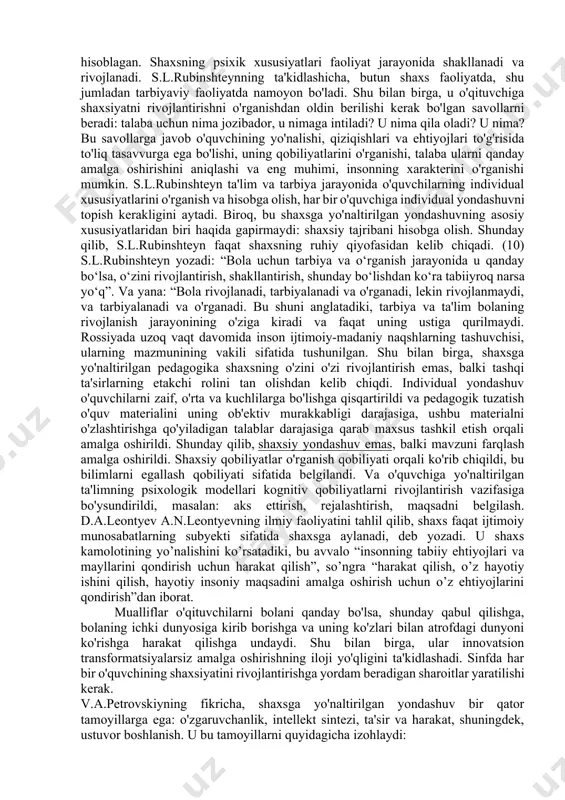 shda o'quvchiga yo'naltirilgan yondashuv"amalga oshirilgan:kuzmina g.a.2011/2012 o'quv yili moskva o‘quvchiga yo‘naltirilgan ta’lim – o‘qitish, unda davlat ta’lim standartida, o‘quv dasturlarida shakllantirilgan o‘qitishning maqsad va mazmuni o‘quvchi uchun shaxsiy mazmun kasb etadi, o‘rganish motivatsiyasini rivojlantiradi. boshqa tomondan, bunday trening o'quvchiga individual qobiliyatlari va muloqot ehtiyojlariga muvofiq maqsadlar va o'quv natijalarini o'zgartirish imkoniyatlarini beradi. o'quvchiga yo'naltirilgan yondashuv o'ziga xos xususiyatlar, moyillik va qiziqishlarga ega bo'lgan shaxs sifatida qaraladigan tinglovchilarning individual xususiyatlarini hisobga olishga asoslanadi. ta'kidlanganidek, har bir talaba uchun chet tilini o'zlashtirish bo'yicha faoliyatni amalga oshirishning u yoki bu usuli xosdir. ushbu yondashuvga muvofiq trening quyidagilarni o'z ichiga oladi:o'quv jarayonida talabalarning mustaqilligi, bu ko'pincha talabalarning o'zlari tomonidan kursning maqsad va vazifalarini belgilashda, ular uchun afzalroq usullarni tanlashda namoyon bo'ladi talabalarning mavjud bilimlariga, uning tajribasiga tayanish talabalarning ijtimoiy-madaniy xususiyatlarini va ularning turmush tarzini hisobga olish, "o'zi" bo'lish istagini rag'batlantirish; talabalarning hissiy holatini, shuningdek, ularning axloqiy, axloqiy va axloqiy qadriyatlarini hisobga olish;muayyan talabaning o'quv …