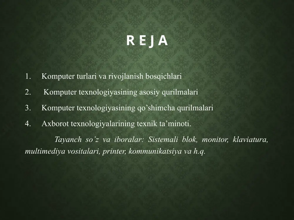 vazni, kam energiya iste’moli va nisbatan arzon narxlari bilan ajralib turadi. shaxsiy komputerlar (personal computer) bu komputerlar – uyda va ish joyida turli masalalarni echishda foydalaniladigan ibm rusumidagi komputerlar. axborotlarga ishlov berish tezligi va xotira tizimi ish faoliyatimizdagi oddiy masalalarni echishga etarli hisoblanadi. kompyuterning asosiy kurilmalari kompyuterning asosiy qurilmalari: tizim bloki monitor klaviatura sichqoncha kompyuterning asosiy kurilmalari tizimli blok - kompyuter ishini ta’minlaydi va boshqaradi. u quyidagi qismlardan tashkil topadi. asosiy plata asosiy plata asosiy plata atamasi inglizcha maze bord so'zidan kelib chiqqan. asosiy plata kompyuterni ko'p tomonlama umumiy tuzilmasini aniqlab beruvchi asosiy qurilmalaridan biridir bu qurilma, yirik, ko'p qavatli plata ko'rinishida bo'lib, qolgan barcha qurilmalarni protsessor va bir-biri bilan o'zaro aloqasini ta'minlovchi komponentlardan tashkil topgan. ushbu plataga protsessor bilan birgalikda kompyuterni barcha qurilmalari, unda joylashgan bo'linmalar yordamida ulanadi protsessorlar va soket asosiy plata pentium 4 protsessori bilan emas, balki yadrosi bilan belgilanadigan uni tarkibi bilan ishlashi kerak. protsessorni aniq …