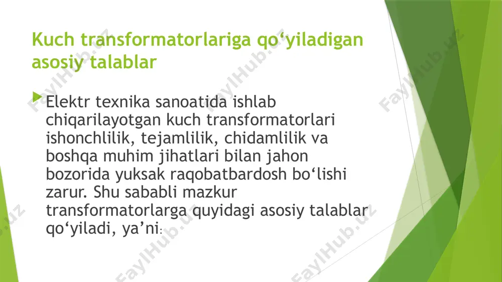- gost 15150-69 bo'yicha iqlimiy ishlash dvigatelning asosiy texnik ma'lumotlari va xususiyatlari: nominal quvvat - 0,25 kvt voltaj 220/380 tarmoq chastotasi 50 hazrati nominal oqim iste'moli 1.51 / 0.87 aylanish tezligi 1390 rpm faoliyati 66% quvvat faktor 0,67 yalıtım sinf f gost 183-74 bo'yicha s1 nominal ish rejimi gost 2479-79 ga muvofiq im3281 o'rnatish usuli bo'yicha bajarish ip55 himoya darajasi mashinalari nazariyasini yanada chuqurroq tushunib olishga imkon beradi. elektr mashinalari quyidagicha tasniflanadi, ya’ni quwatiga ko‘ra: 1) 500 wgacha — elektr mikromashinalari; 2) 0,5 200 kw — katta quvvatli; aylanish chastotasiga ko'ra : a) n = 300 ayl/min. gacha - kam tezlikli; b) n =300 h- 1500 ayl/min - o'rta tezlikli; d) 1500 6000 ayl/min - o ‘ta katta tezlikli elektr mashinalari. umumiy maqsadli elektr mashinalariga qo'yiladigan asosiy talablarxalqaro yoki m dh standartlari tomonidan belgilanib, ular quyidagilardan iborat: .; 1) ishda ishonchliligi yuksak bolishi 2) energetik ko‘rsatkichlari yuqori bo‘lishi; 3) gabarit …