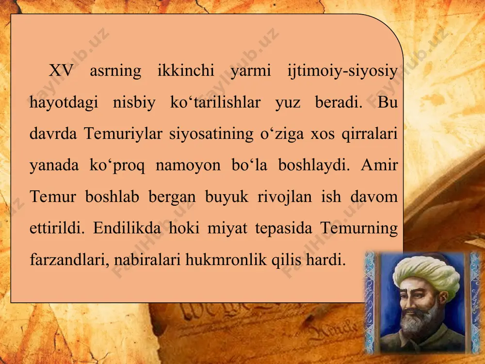 m katta iqtidor egasi, yirik salohiyatli ijodkor edi. alisher navoiy maqbarasi (hirot) bu davrda abdurahmon jomiy va alisher navoiylar ijodi jahon adabiyotining eng porloq namunalari sifatida e’tirof etildi. badiiy ijodning ikki tilda yaratilishi ham shu davrning muhim xususiyatlaridan edi. navoiy, bobur mirzo, husayn boyqaro, sulton ahmad mirzo (1451–1494) singari ijodkorlar ikki tilda she’rlar yaratgan. zullisonaynlik an’anasi ham navoiy timsolida o‘zining oliy cho‘qqisiga ko‘tarildi. alisher navoiy boshchiligidagi adabiy harakat turkiy til mavqeyi uchun qattiq kurash olib bordi va bu borada olamshumul g‘alabalarni qo‘lga kiritdi. alisher navoiy faqat o‘zbek emas, balki butun turkey xalqlar adabiyoti, jahon xalqlari adabiyoti tarixidagi eng noyob hodisalar silsilasiga mansub bo‘lgan buyuk shaxsdir. u qoldirgan merosning soni va hajmigagina emas, balki ularning mazmun va yuksak badiiyatiga ko‘ra ham tengsiz adibdir. navoiyning kichik zamondoshi zahiriddin muhammad bobur buni juda muxtasar tarzda ifodalab bergan: «alisherbek naziri yo‘q kishi erdi. turkiy til bila to she’r aytibturlar, hech kim oncha ko‘p va …