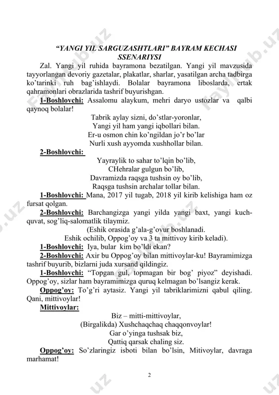 oqcha, bizning oppog’oyimiz yo’qolib qoldi. sen uni ko’rmadingmi maboda? qizil qalpoqcha: ko’rdim. uni qaroqchilar o’rmon tomonga olib ketishayotgandi. shu yo’ldan to’g’ri ketsangiz, ularni topasiz. (mittivoylar chiqib ketishadi. shu payt bo’ri kirib keladi). bo’ri: qizil qalpoqcha, men seni yeyman! qizil qalpoqcha: shoshma, bo’rivoy! avval shartimni bajar. agar g’olib chiqsang, mayli, yeyaver. lekin yutqizib qo’ysang, oppog’oyni topishda mittivoylarga yordam berasan. bo’ptimi? 2-boshlovchi: tennis koptogini qoshiqda manzilga yetkazishingiz kerak. lekin qoshiqni qo’lda emas, og’zingda ushlashing kerak bo’ladi. 1-boshlovchi: qani, bo’rivoy bilan bellashadigan mard bolalarimiz bormi? marhamat . . . (bo’ri va 2 bola o’zaro bellashadi. g’olib bolaga sovg’a beriladi). 2-boshlovchi: eh, maqtonchoq bo’rivoy, yutdi-ku bu bolakay. jazosiga o’ynaysan, baland-baland sakraysan. bo’ri: mayli, roziman. mana shu chaqqon bolajonlar bilan o’ynaganim bo’lsin. mashshoqlar, chalinglar “bagdaduri”ga! (sho’x qo’shiq yangraydi. bo’ri va bolalar raqsga tushishadi. musiqa tugagach, bo’ri chiqib ketadi. shum bola va shumtaka kirib keladi. ular o’zaro bahslashadi). shum bola: ha, topolmadingiz-ku, “aqlda tengi yo’qman” derdingiz-ku. …