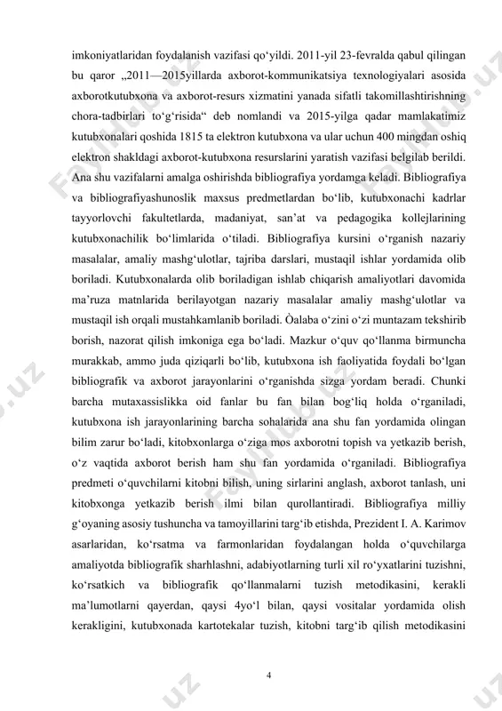 idan foydalanishga, uni keng va atroflicha yoritib berishga, nazariy masalalarni amaliy va tajriba mashg‘ulotlari bilan mustahkamlashga harakat qildik. o‘quv qo‘llanmada har bir mavzuni izchil ketma-ketlikda joylashtirishga, mavzu nomidan so‘ng uning maqsadini, oxirida esa xulosalar va tekshirish uchun savol va topshiriqlarni berib bordik. darslikning v va vi bobini yoritishda pedagogika fanlari nomzodi, òoshkent davlat madaniyat instituti „bibliografiya va hujjatshunoslik“ kafedrasi dotsenti muso mamatovich òuropovning qo‘lyozma materiallaridan foydalandik. bibliografiya kursini o‘rganish ta’lim jarayonida o‘rganiladigan barcha mutaxassislik fanlari — „kutubxonashunoslik“, „hujjatlar fondi va elektron katalog“, „kutubxona menejmenti“, „axborot-kutubxona texnologiyasi“, „internet tizimidan foydalanish“, „kutubxona ishini avtomatlashtirish“, „elektron kutubxona“, „axborot-kutubxona dizayni“, umumta’lim fanlari nutq madaniyati, pedagogika, psixologiya fanlarida o‘rganiladigan bilimlar juda kerak bo‘ladi. bibliografiya ishi bilimli, sabr-toqatli, sinchkov va ziyrak kishining ishi ekanligini unutmang. 1. bibliografiya tushunchasi, uning kelib chiqish tarixi haqida ma’lumot bibliografiya tushunchasi, uning kelib chiqish tarixi haqida ma’lumot „bibliografiya“ so‘zi birinchi marta qadimgi gretsiyada qo‘llanilgan. so‘zma-so‘z tarjima qilinganda biblion — „kitob“, grapho …