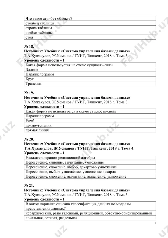 правления базами данных базы данных приложения словарь данных № 26. источник: учебник «система управления базами данных» т.а.хужакулов, ж.усманов / туит, ташкент, 2018 г. тема 2. уровень сложности - 1 в реляционном модели данных в каком виде данные передаются пользователю таблицы списки древовидный граф необязательный график № 27. источник: учебник «система управления базами данных» т.а.хужакулов, ж.усманов / туит, ташкент, 2018 г. тема 3. уровень сложности - 1 какие модели данных способны эффективно работать по скорости и потреблению памяти? сетевые модели иерархические модели реляционные модели многомерные модели № 28. источник: учебник «система управления базами данных» т.а.хужакулов, ж.усманов / туит, ташкент, 2018 г. тема 2. уровень сложности - 1 модель представления данных логическая структура данных, хранящихся в базе данных физическая структура данных, хранящихся в базе данных иерархическая структура данных структура сети передачи данных № 29. источник: учебник «система управления базами данных» т.а.хужакулов, ж.усманов / туит, ташкент, 2018 г. тема 2. уровень сложности - …