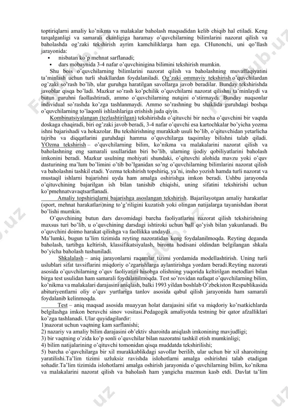 mi, yirik mavzular o‘tib bo‘lingandan so‘ng bunday darslar uyushtiriladi. bu dars bilimlarni oraliq nazorat orqali baxolashda ham xizmat qiladi. har bir darsning muvaffaqiyati ko‘p jixatdan mashg’ulotni to‘gri tashkil qilishga bog’liqdir. bu davrda sinfning tayyorgarligini sinchiklab kuzatish, bolalarni darsni tinglashga ruxiy jixatdan tayyor ekanliklarini o‘rganish darkor. shundan so‘ng, maxoratli pedagog fursatni qo‘ldan bermay, shogirdlari diqqatni chalg’itmay, darsning asosiy qismini boshlab yuboradilar, chunki sinf o‘quvchilarini tezlik bilan mashg’ulotga faol kirishishlarini ta’minlash lozim. dars yangi materialni bayon qilishga qaratilgan bo‘lsa, dars mavzusi e’lon qilinadi. rejada mo‘ljallangan o‘quv materiali o‘tib bo‘lingach, u albatta yakunlanishi, xulosalar chiqarilishi kerak. dars o‘qituvchi va o‘quvchining ijodiy hamkorligiga asoslanishi lozim. shundagina o‘quvchilar mustaqil erkin fikrlay oladilar, irodalari tarbiyalanadi. nutq madaniyati rivojlanadi. muammoli vaziyat izlanishlar orqali o‘z yo‘lini topa oladilar. o‘quv mashg’ulotlarining sinfdagi shakli darsdan tashqari yana qo‘shimcha qator ta’lim shakllari mavjud, bo‘lib, bular amaliy-tajriba mashg’ulotlar, qo‘shimcha darslar, fakultativlar, ekskursiya kabilardir. bular darsda berilgan bilimlarni to‘ldirish, mustaxkamlash, amaliyot bilan bog’lash …