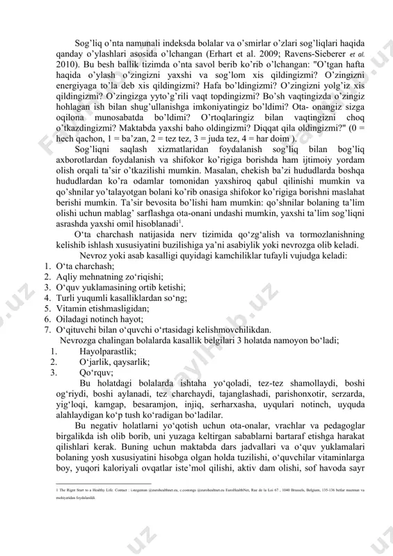 yada olib borish; 4.sinf xonalarini tanaffus paytida shamollatish; 5.o‘quvchi faoliyatini turli vazifalarga jalb qilish, o‘quv texnika vositalarini keng qo‘llash, ammo o‘quv texnika vositalaridan, televizordan, programmalashtirilgan ovoz yozish apparatlaridan, diafil’mlardan foydalanishning o‘zi asosiy gigiyena koidalariga qat’iy rioya qilishni talab qiladi. 6.dars materialini tushuntirishda ko‘rgazma quro’llardan (rasmlar namoyshi qilish, tajribalar ko‘rsatish) didaktiv o‘quv vositalardan maksimal foydalanish. 7. dars oralig‘ida fizkulminutlar o‘tkazish. o‘qituvchining pedogogik mahorati, uning yangi materialni tushuntirish paytidagi ko‘tarinki kayfiyati, o‘qituvchining har-xil ohangda so‘zlashish. o‘qituvchi bir-xil ohangda so‘zlagan nutqi o‘quvchini zeriktirib, mudratib qo‘yadi, bunday payda o‘quvchi tomonidan dars materialini o‘zlashtirish qiyinlashadi, bosh miya yarim shartlari po‘stlog‘ida tarqoq tormozlanish jarayoni paydo bo‘lib, uyqu bosadi. gigiyenistlar o‘quvchilarning darsda toliqish sabablarini o‘rganib chiqib, qiziqarli ma’lumotlarni keltirdilar. ular aniqlashicha, yuqori sinf o‘quvchilarining charchashiga asosiy sabab ko‘pincha ularning darsga qiziqmasliklari, o‘qishning og‘irligi, mashg‘ulot bajarishga layoqatsizlik, darsni zerikarli o‘tilishi, dars materialini tushunmaslik, mikromuhitning salbiy ta’siridir. agarda charchash holati o‘z vaqtida dam olish bilan almashtirilmasa u o‘ta charchash …