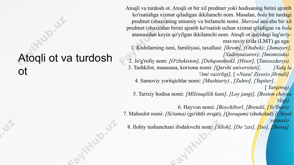 apirmoq. boshqa so'z turkumi ham belgi ifodalaydi. ammo sifat barqaror, turg'un belgi ifodalashi jihatidan ulardan ajralib turadi. masalan, gul - qizil deganda turg'un (statik) belgi, gul qizardi deganda esa o'zgaruvchi (dinamik) belgi namoyon bo'lgan. sifat anglatadigan belgi boshqa turkum anglatadigan belgidan xususiyati bilan farqlanadi. masalan, qizg'ish - qizil - qip-qizil. boshqa turkum anglatuvchi belgida esa bunday xususiyat yo'q. sifat gapda asosan sifatlovchi aniqlovchi, qisman kesim, hol vazifasida keladi. shu asosda sifatning ugmsini «asosan predmetning, qisman harakatning belgisini bildirib, gapda asosan sifatlovchi aniqlovchi, ba'zan kesim, ayrim hollarda hol vazifasida kerlish» ko'rinishida tiklash mumkin. asliy va nisbiy sifatlar zagolovok prezentatsii belgi tushunchasi o'z ichiga rang-tus, hajm-shakl, xarakter, vazn, maza kabini qamrab oladi. belgining xususiyatiga ko'ra sifat ikkiga bo'linadi: asliy sifatlar va nisbiy sifat. asliy sifat predmetning turg'un, nisbatlanmaydigan, darajalanadigan belgisini ifodalaydi: [qizil], [sariq], [katta]. nisbiy sifatlar belgini qandaydir bir predmet, belgi, miqdor, o'rin va harakatga nisbatan ifodalaydi: moddiy yordam, siniq piyola, burchakdagi …