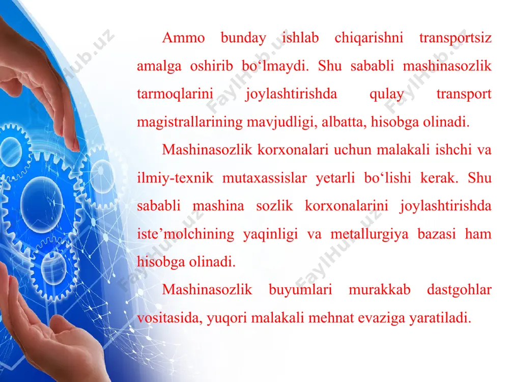 qaradigan «algoritm» zavodiga asos solindi. ehm uchun mikroelek-tronika elementlari, mikro sxemalar, masofadan turib boshqarish sistemalari va boshqa mahsulotlar ishlab chiqaradigan «zenit» zavodi ishga tushirildi. 1990-yilda konsern «o‘zeltex sanoat» uyush-masiga aylantirildi. this presentation uses a free template provided by fppt.com www.free-power-point-templates.com uyushma tarkibida 50 dan ortiq korxona faoliyat ko‘rsatmoqda. uyushma korxonalari bilan rossiya, turkiya, janubiy koreya, aqsh, singapur va boshqa mamlakatlar firmalari hamkorligida 20 dan ortiq qo‘shma korxonalar tashkil etildi. radioelektronika va elektrotexnika respublika mashinasozlik majmuasining jadal rivojlanuvchi, istiqbolli tarmog‘i (43-rasm). mamlakatimizda oltin, kumush, mis, rux, kremniy, volfram, kaolin, kvars qumi, uran xomashyosi kabi nodir ruda konlari hamda yetarlicha ishchi kuchi mavjudligi tarmoqning barqaror rivojlanishini ta’minlaydi. this presentation uses a free template provided by fppt.com www.free-power-point-templates.com hozirgi vaqtda mashina sozlik tarmoqlarida 100 mingga yaqin kishi mehnat qilmoqda. to‘qimachilik sanoatining yuksalishi xomashyogagina bog‘liq bo‘lmay uni zamonaviy to‘quv dastgohlar, asbob-uskunalar bilan ta’minlashga ham bog‘liqdir. bunday jihozlarni «o‘zbek to‘qimachilikmash» birlashmasida ishlab chiqariladi. birlashma korxonalari …