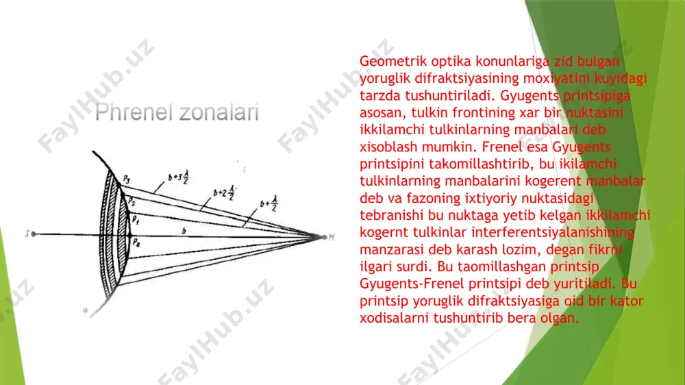 sbatan kamayishini xarakterlaydigan kattalik shu muhitning optik zichligi deyiladi. muhitdagi yorug‘lik tezligi uning bo‘shliqdagi tezliliga nisbatan qancha kichik bo‘lsa, muhitning optik zichligi vakuum zichligidan shuncha katta hisoblanadi. foydalanilgan odabiyotlar 1.https://www.google.com/url?sa=t&source=web&rct=j&url=https://www.meteorologiaenred.com/uz/yorug%2527likning-difraksiyasi.html/amp&ved= 2.https://www.google.com/url?sa=t&source=web&rct=j&url=https://www.meteorologiaenred.com/uz/yorug%2527likning-difraksiyasi.html/amp&ved=2 3.https://www.google.com/url?sa=t&source=web&rct=j&url=https://uz.m.wikipedia.org/wiki/yorug%25ca%25bblik_difraksiyasi&ved=2ahukewigi6u 4.https://uz.m.wikipedia.org › wiki difraksiya - vikipediya audio1.wav audio2.wav image1.png audio3.wav image2.png audio4.wav image3.png image4.png image5.png audio5.wav image6.png audio6.wav image7.png image8.png audio7.wav audio8.wav image9.png /docprops/thumbnail.jpeg