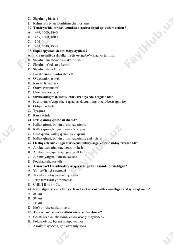 a inshootlarning texnik holatini tekshirish qaysi vagon yordamida bajariladi? a. yo’l tekshiruv vagoni b. defektos kop vagon c. xopper-dozator d. platforma 62. kilometraj belgisi qancha metr masofaga qo’yiladi? a. 1000 b. 1500 c. 100 d. 200 63. strelkali o’tkazgich ostryagini almashtirish ishlari necha davrda bajariladi? a. 3 b. 4 c. 1 d. 2 64. o’zbekistonda yuk tashish hajmining necha foizi temir yo’lga to’g’ri keladi? a. 80 b. 70 c. 60 d. 50 65. ballast qatlami shpal ustidan necha sm pastda bo’lishi kerak? a. 5 b. 6 c. 7 d. 8 66. temir yo’l tarxini to’g’rilashda relslar bir joyda ko’ndalang yo’nalishda 20 mm.dan 60 mm.gacha siljitishda ish joyi qanday chegaralanadi? a. tezlikni kamayti rish b. “c” signal belgisi c. to’xtash d. tezlikni oshirish 67. “c” signal belgisi ish joyidan necha metr masofaga qo’yiladi? a. 500-1500 b. 1000-2000 c. 700-1700 d. 1500-2000 68. srelkali o’tkazgich nechta qismdan iborat? a. 3 b. 4 …