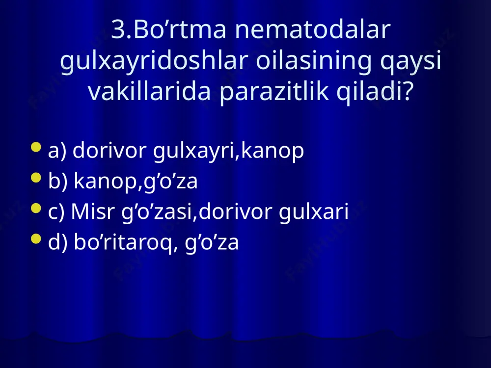 ayvonlar guruhi yassi chuvalchanglar tipiga mansub? a) askarida,rishta b) jigar qurti,rishta c) askarida,planariya d) exonokokk,planariya 33.oq planariya nerv sistemasining tuzulishini aniqlang. a) halqa shaklida nerv tolasi,nervlar b) 2ta yirik nerv tolasi,nervlar c) nerv hujayralari tarqoq d) ikkita nerv tuguni,ikkita nerv tolalari va nervlar 34.yassi chuvalchanglarga xos xususiyatlarini belgilang. 1.tanasi nursimon simmetryali 2.tanasi ikki tomonlama simmetryali 3.tana bo’shlig’i yo’q 4.tana bo’shlig’ bor 5.oldingi uchida boshchasi bor 6.boshchasi yo’q 7.ovqat hazm qilish sitemasining uchlari berk 8.ichak uchlari berk emas. a) 1,3,6,7 b) 2,3,5,7 c) 2,4,5,8 d) 1,3,5,7 35.yassi chuvalchanglar qaysi hayvonlardan kelib chiqqan? a) kiprikli infuziryalardan b) to’garak chuvalchanglardan c) bo’shliqichlilardan d) qadimgi xivchinlilardan 36.to’garak chuvalchanglarning yassi chuvalchanglardan farqlarini aniqlang. 1.tana bo’shlig’ining bo’lishi 2.anal teshigining bo’lishi 3.kloakaning bo’lishi 4.ichki azolarning murakkab tuzulganligi 5.oshqozonning bo’lishi a) 2,4,5 b) 3,4,5 c) 1,2,4 d) 1,2,5 37.qaysi tip vakillarning nerv hujayralari tanada tarqoq joylashgan? a) yassi chuvalchanglar b) bo’shliqichlilar c) sudralib yuruvchilar d) bo’g’imoyoqlilar 38.yassi chuvalchanglar …